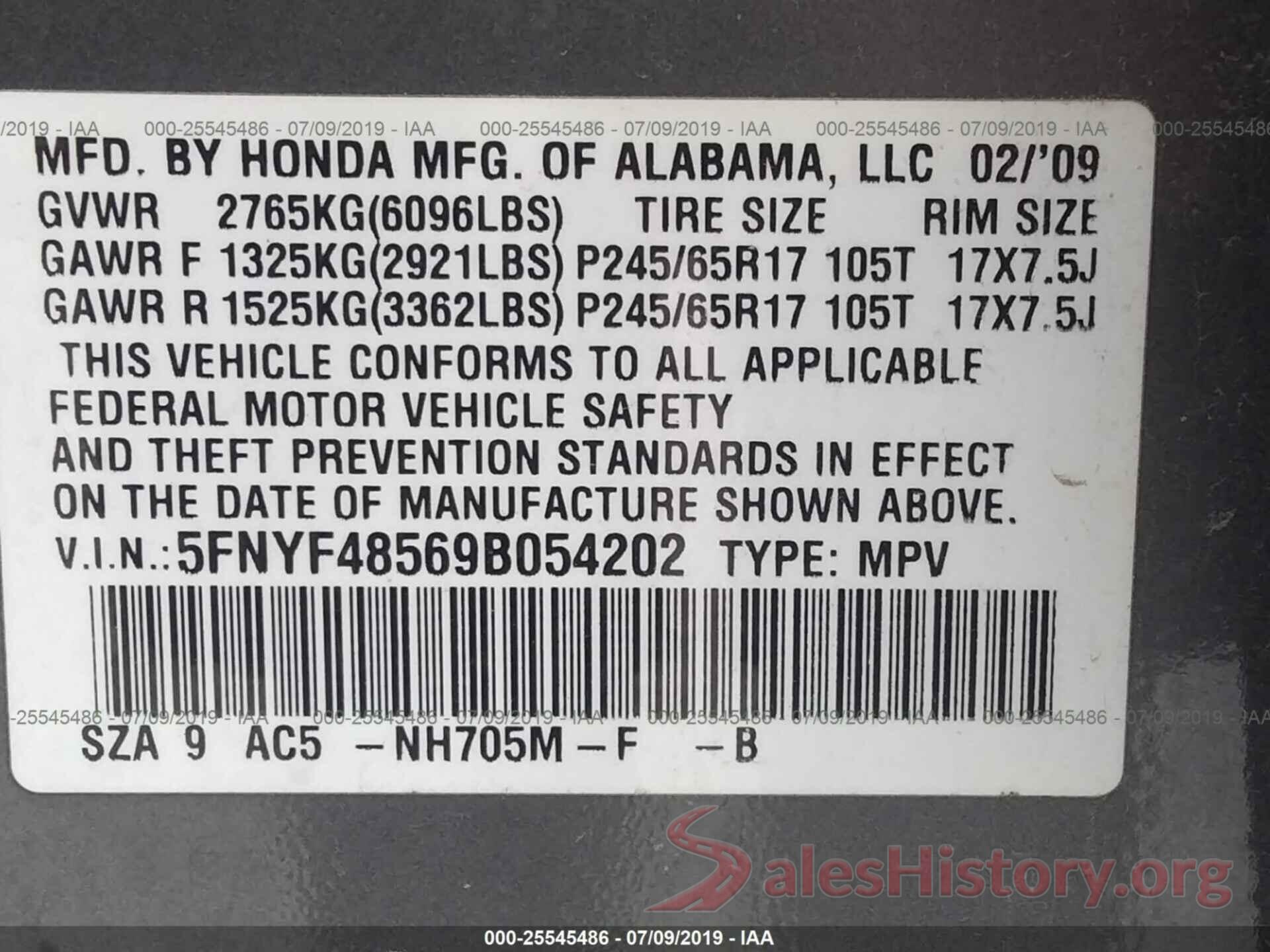 5FNYF48569B054202 2009 HONDA PILOT