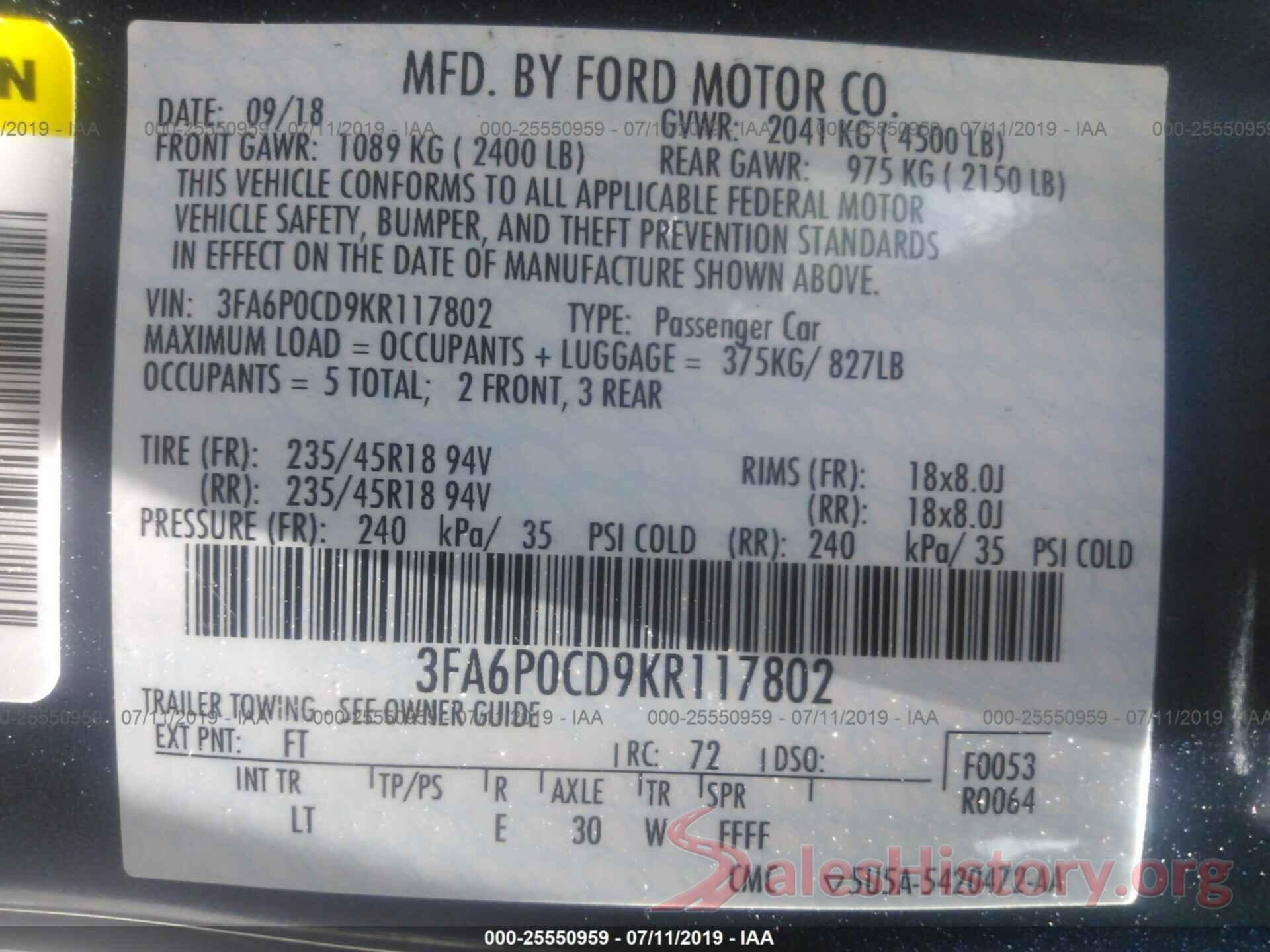 3FA6P0CD9KR117802 2019 FORD FUSION