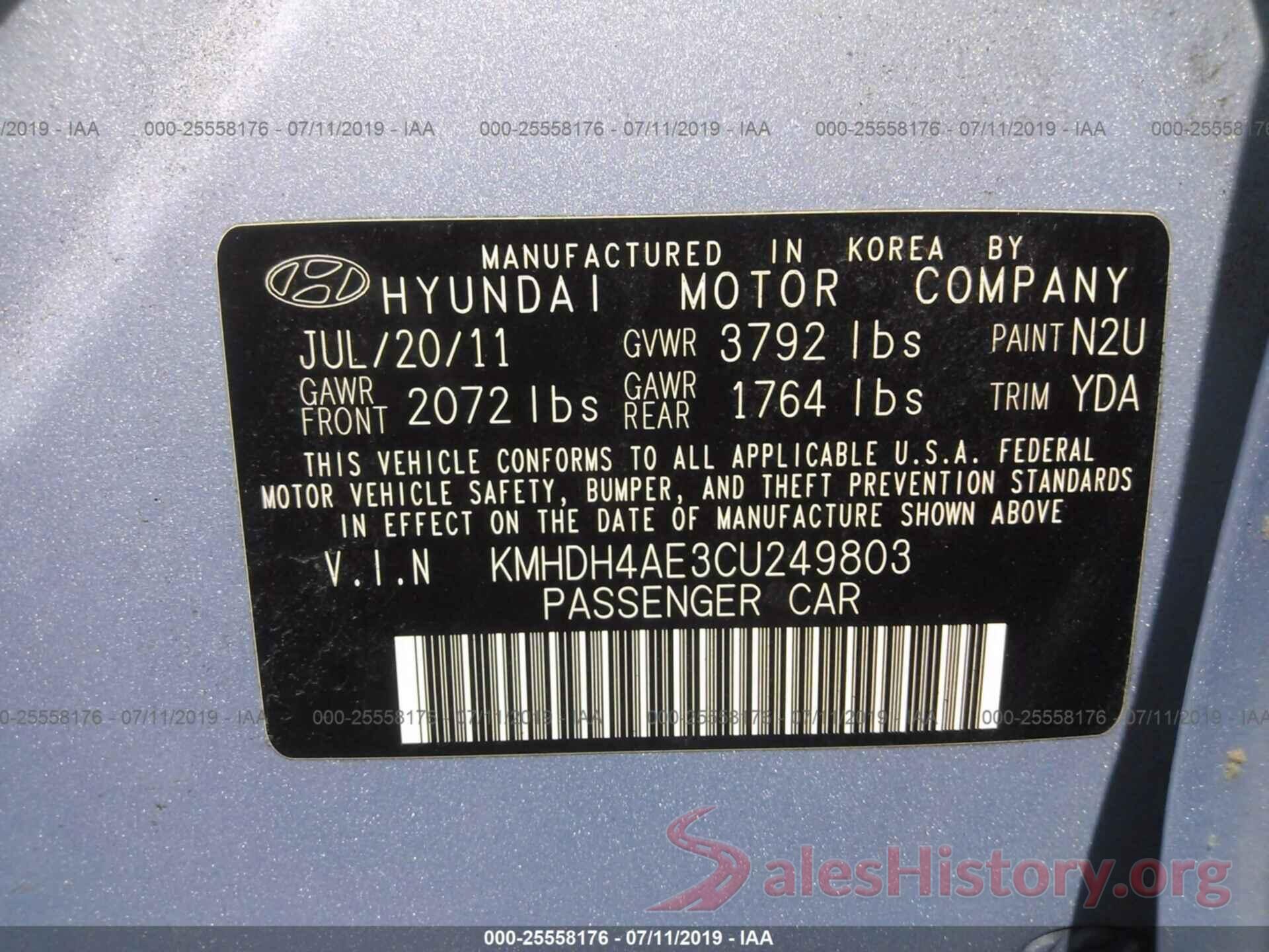 KMHDH4AE3CU249803 2012 HYUNDAI ELANTRA