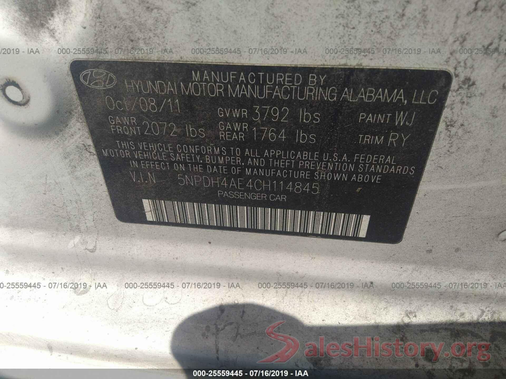 5NPDH4AE4CH114845 2012 HYUNDAI ELANTRA