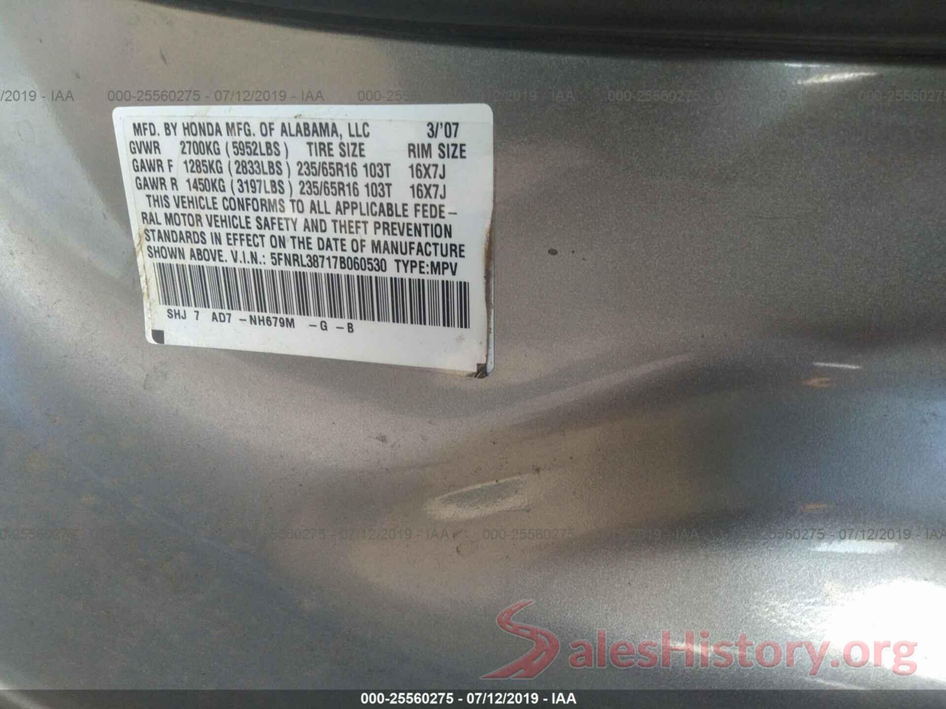 5FNRL38717B060530 2007 HONDA ODYSSEY