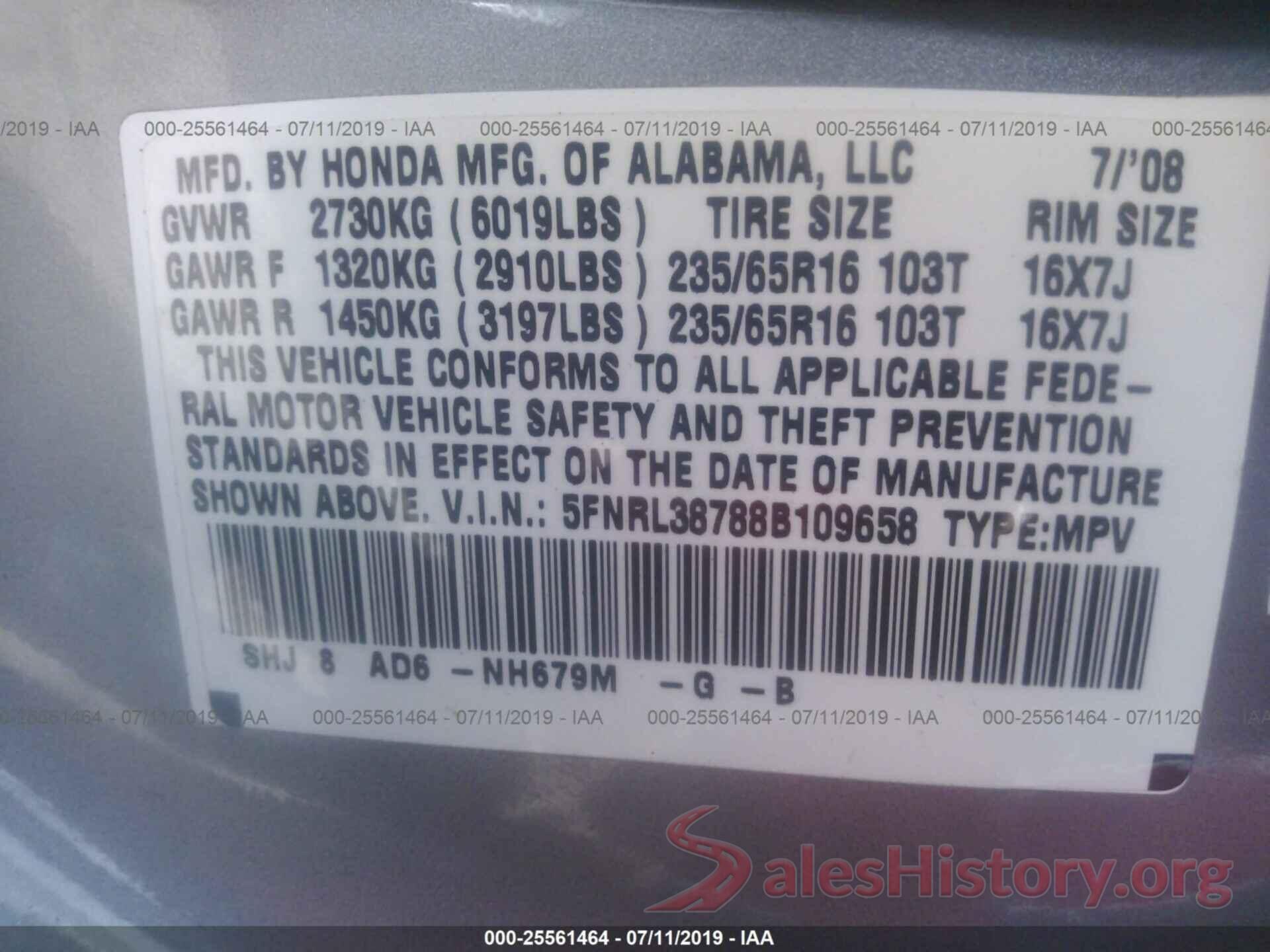 5FNRL38788B109658 2008 HONDA ODYSSEY