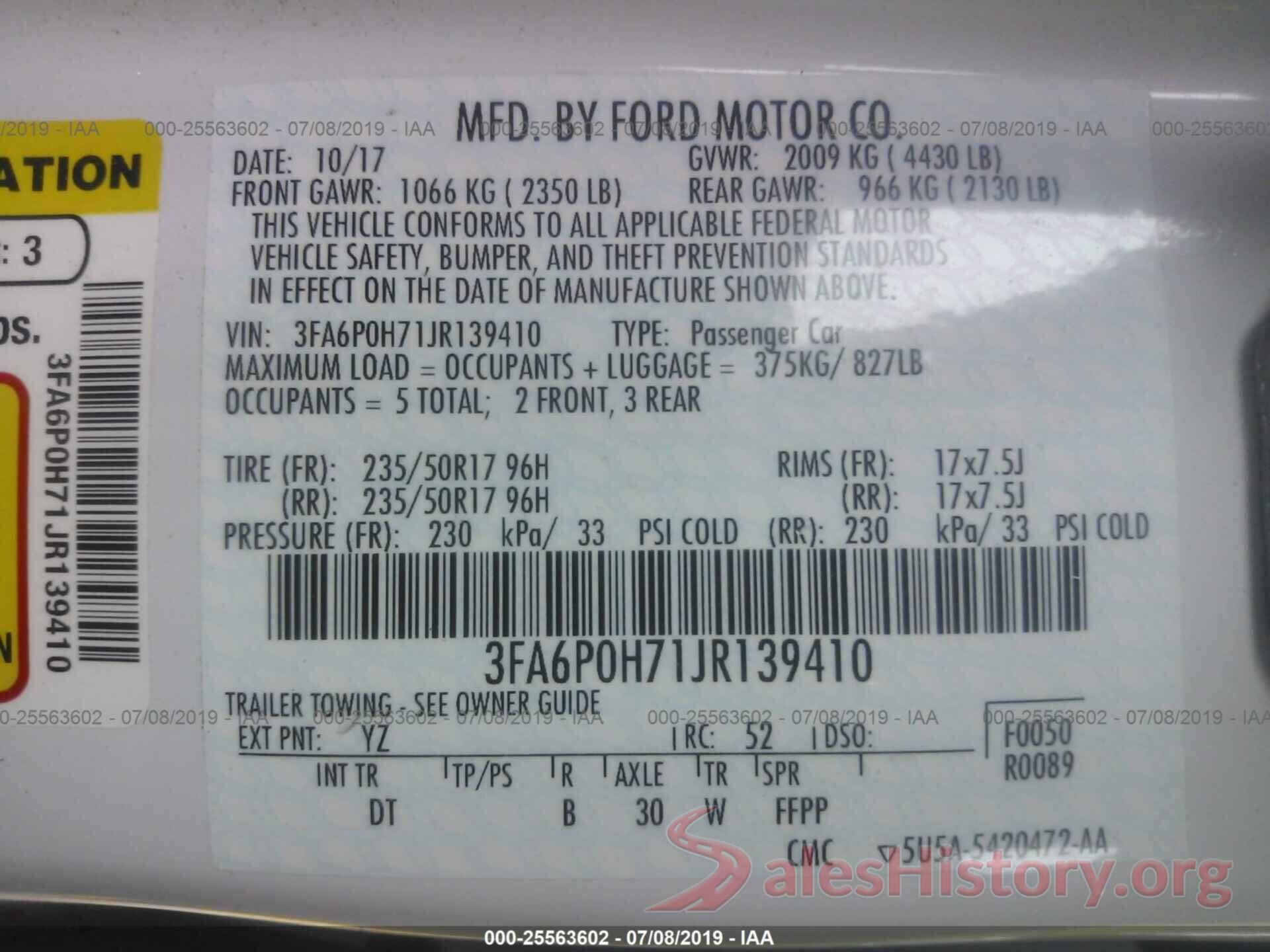 3FA6P0H71JR139410 2018 FORD FUSION