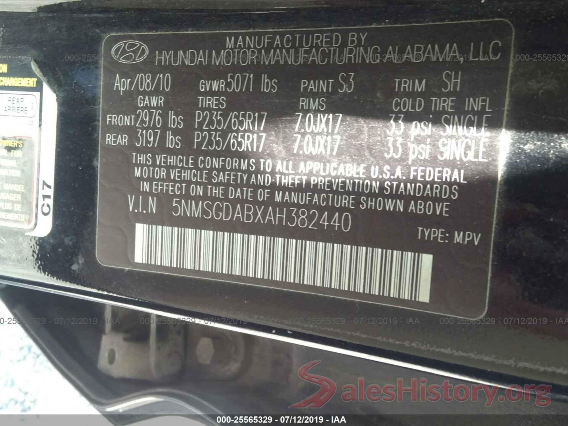 5NMSGDABXAH382440 2010 HYUNDAI SANTA FE