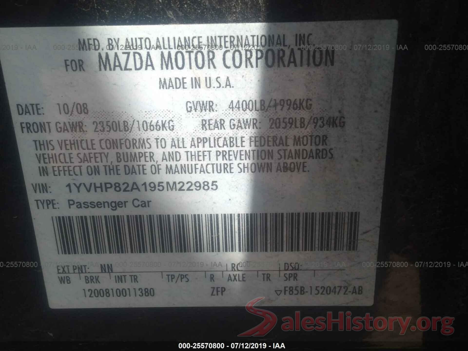 1YVHP82A195M22985 2009 MAZDA 6