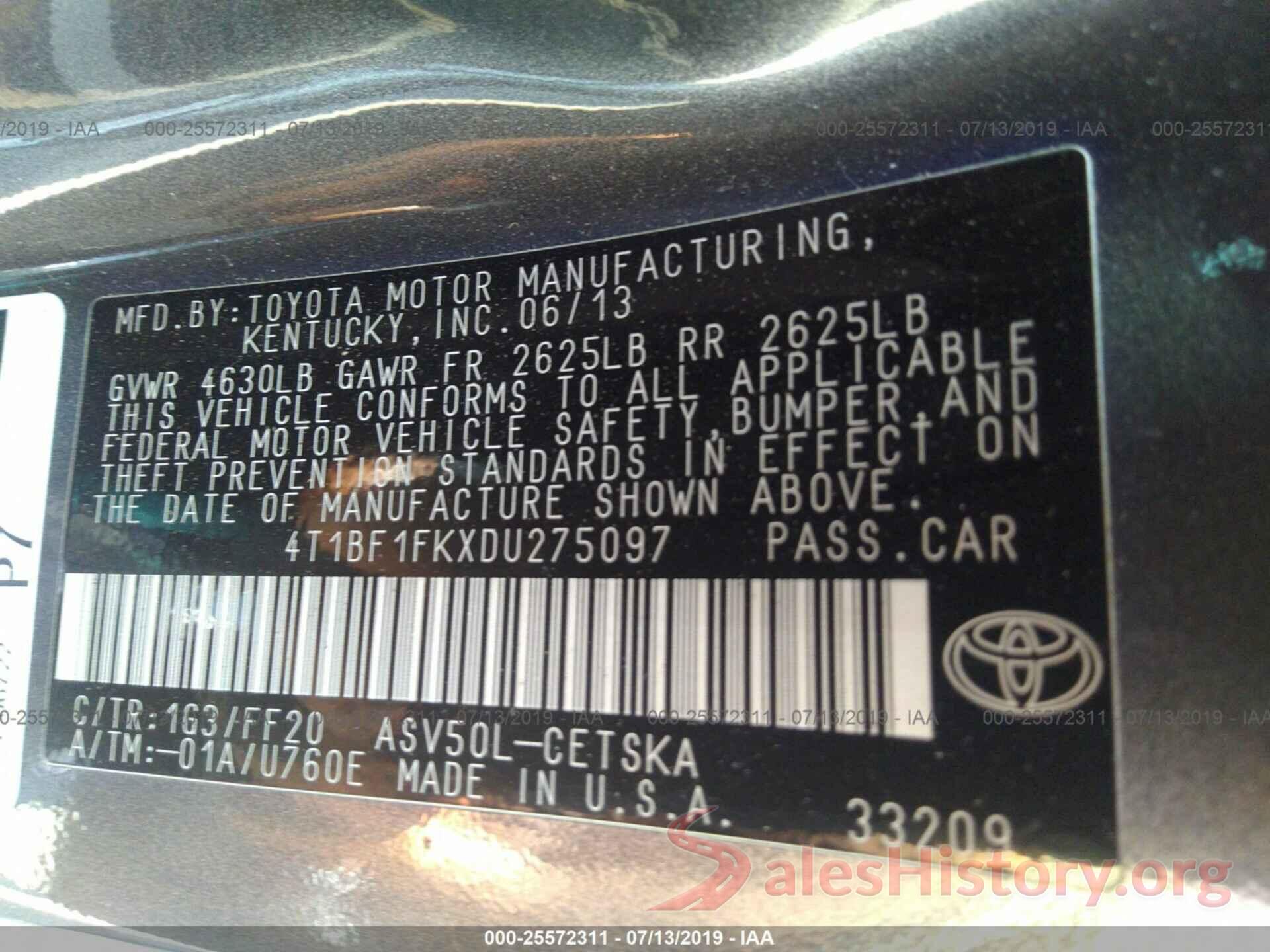 4T1BF1FKXDU275097 2013 TOYOTA CAMRY