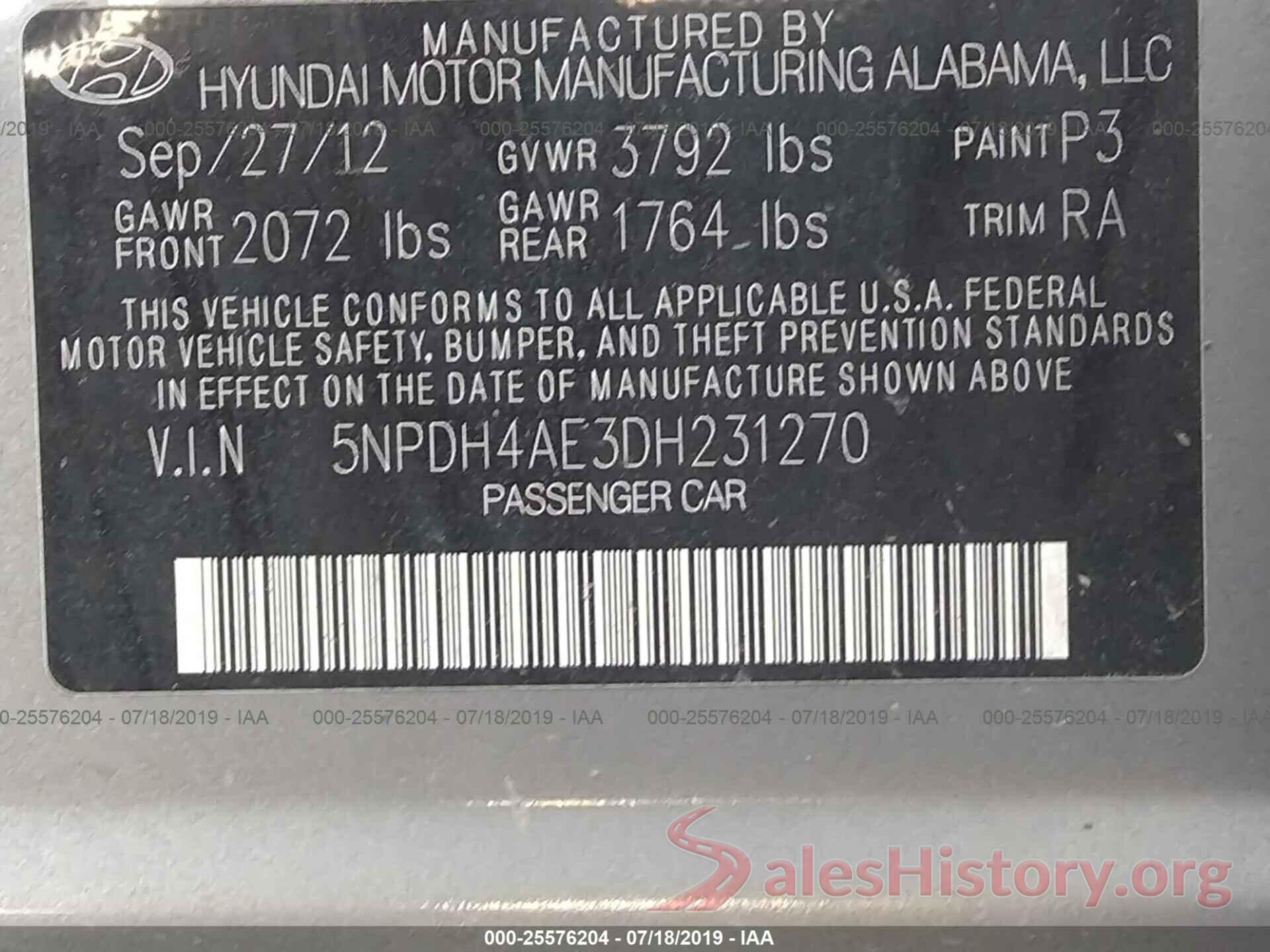 5NPDH4AE3DH231270 2013 HYUNDAI ELANTRA