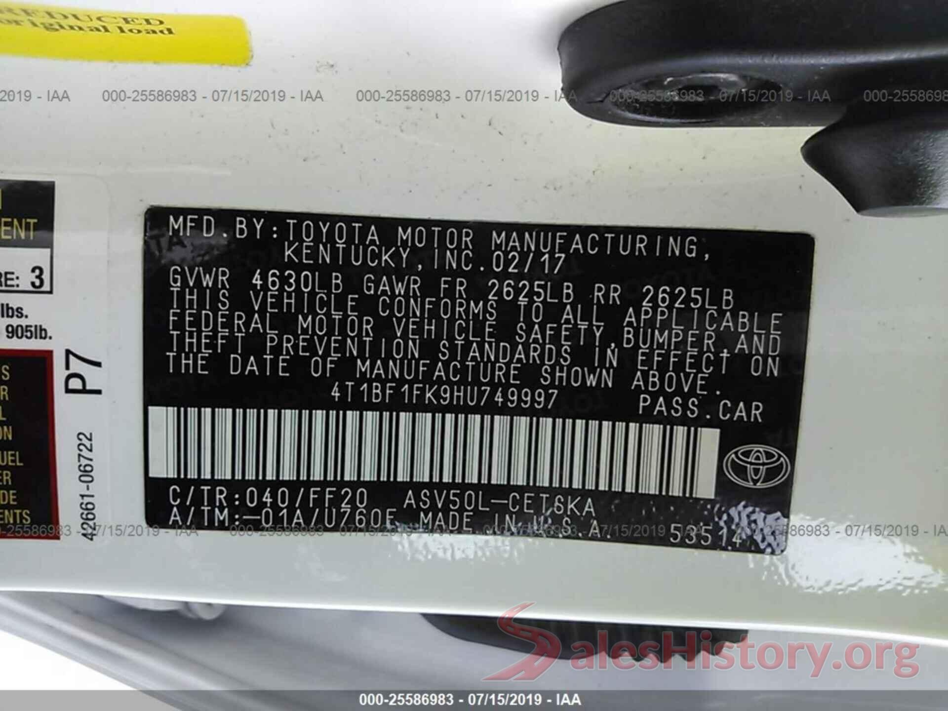 4T1BF1FK9HU749997 2017 TOYOTA CAMRY