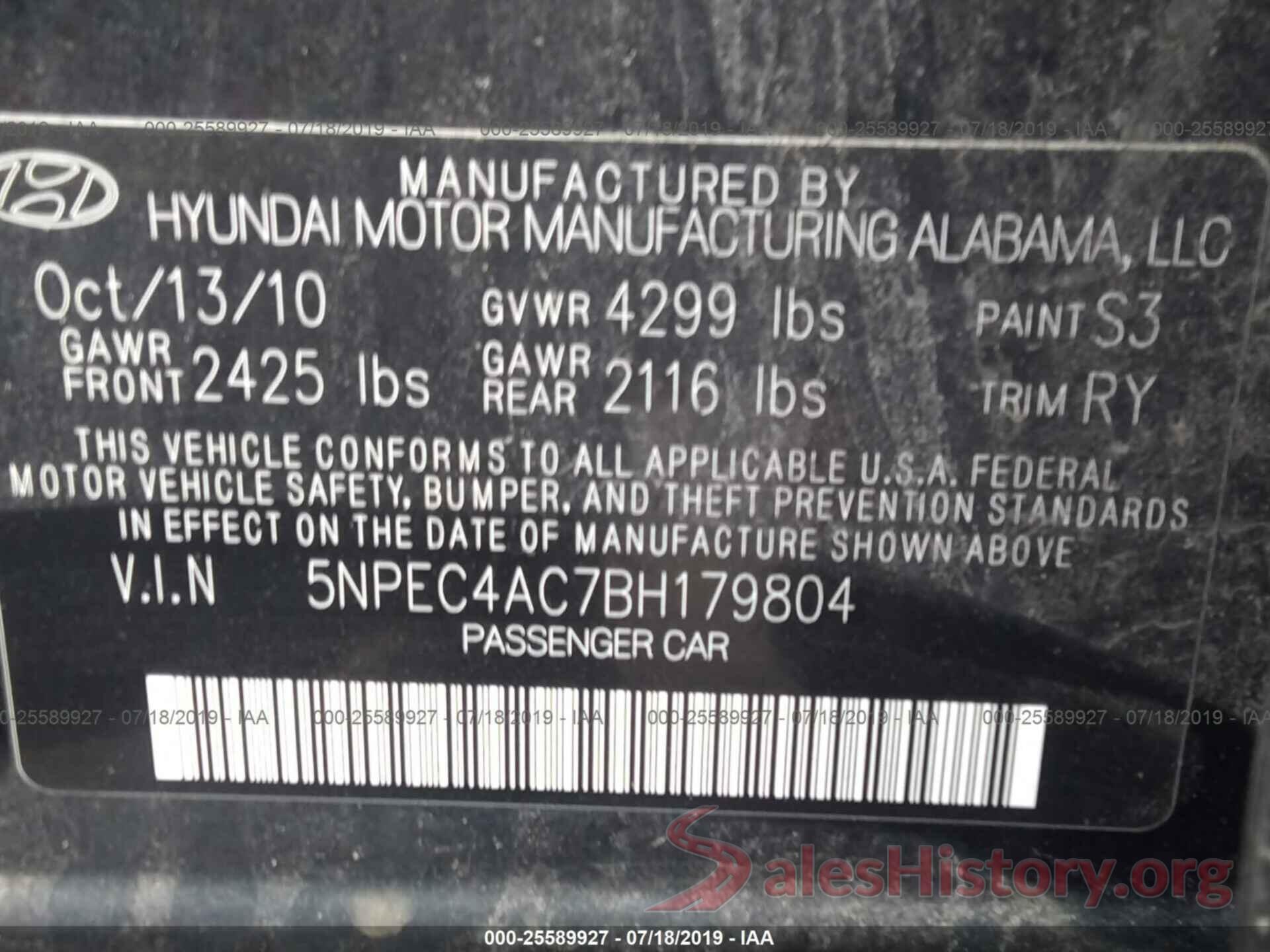 5NPEC4AC7BH179804 2011 HYUNDAI SONATA