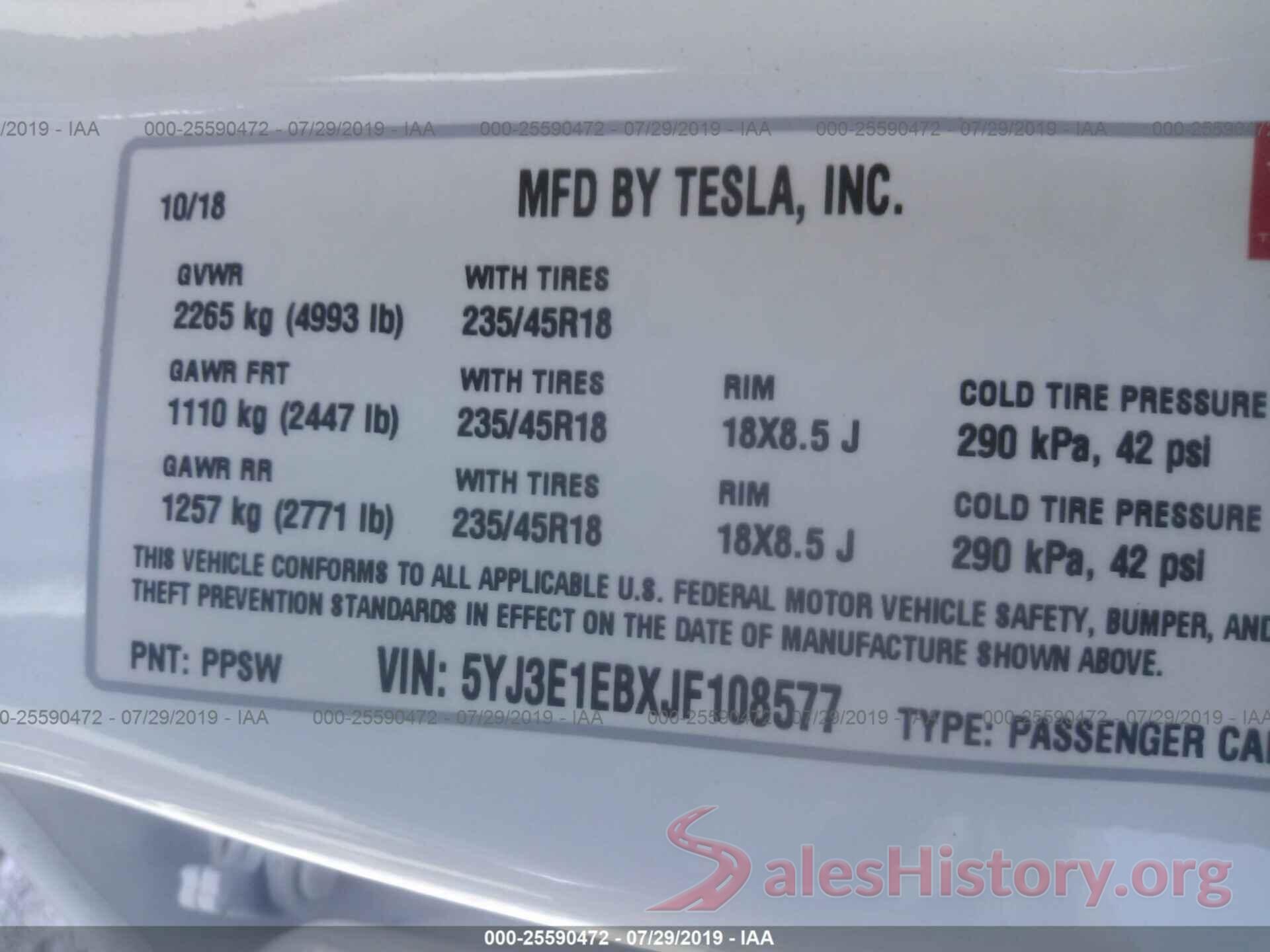 5YJ3E1EBXJF108577 2018 TESLA MODEL 3