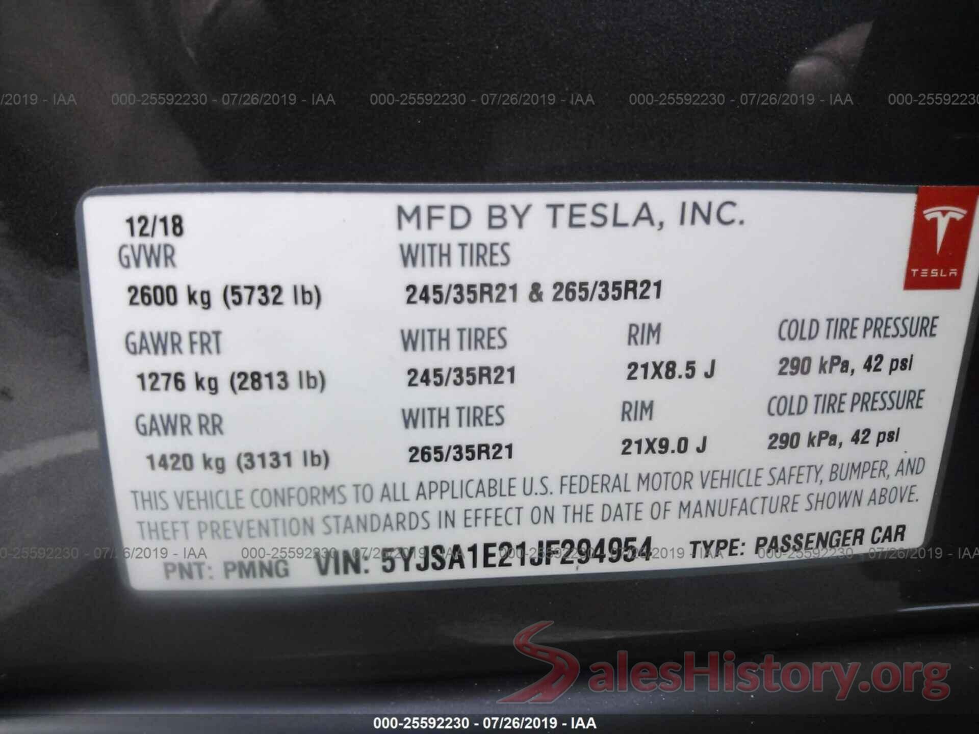 5YJSA1E21JF294954 2018 TESLA MODEL S