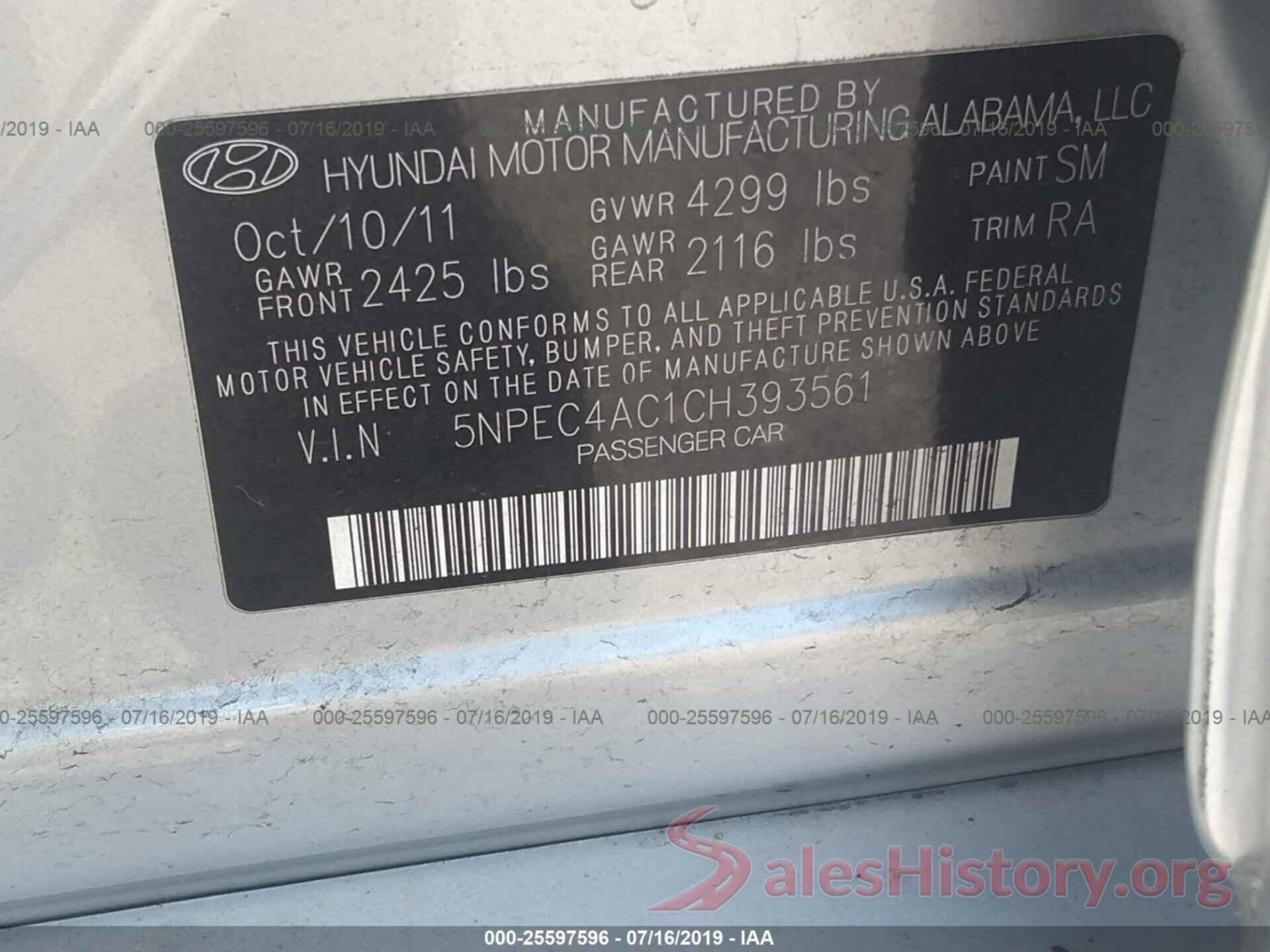 5NPEC4AC1CH393561 2012 HYUNDAI SONATA