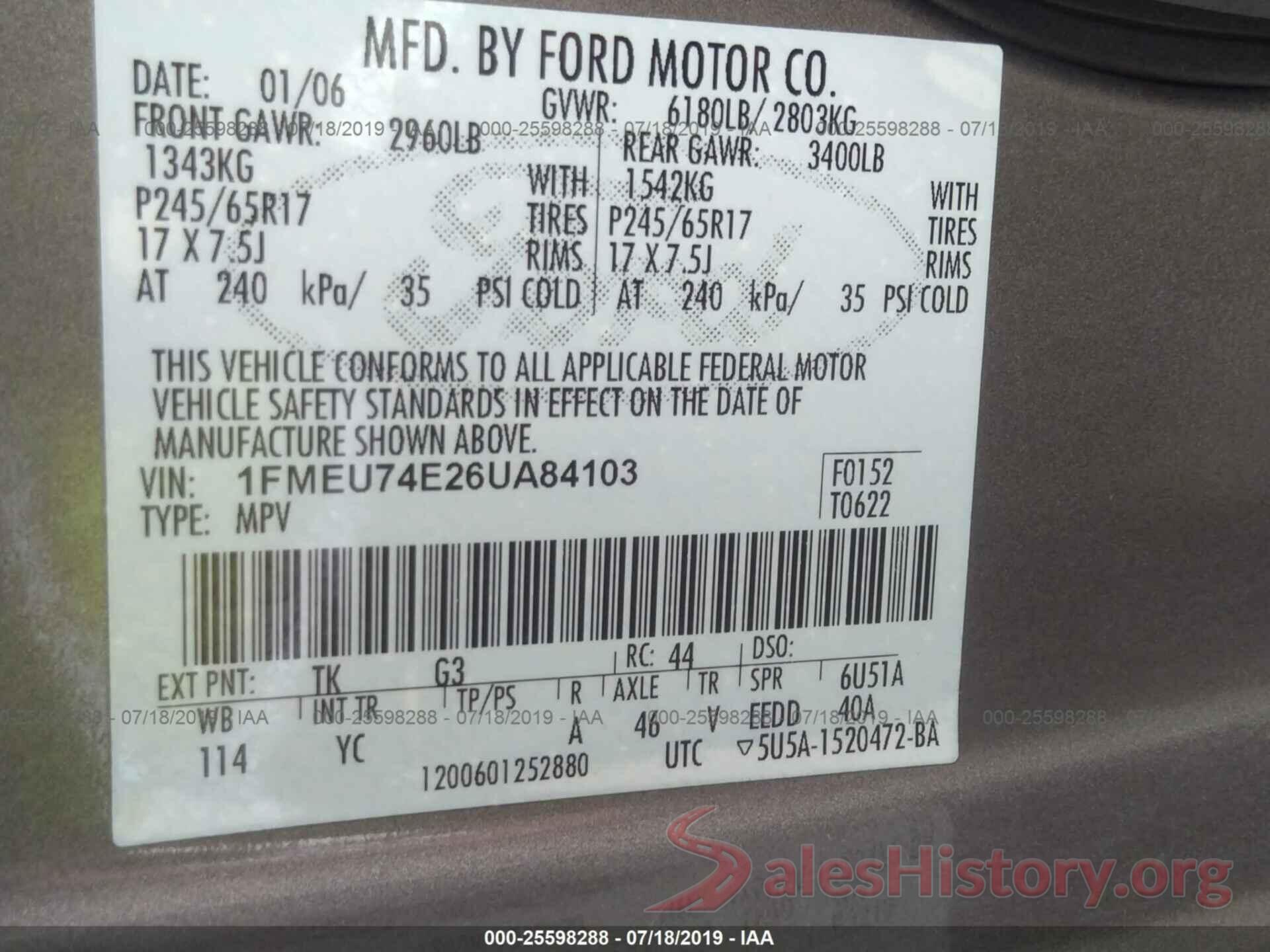 1FMEU74E26UA84103 2006 FORD EXPLORER