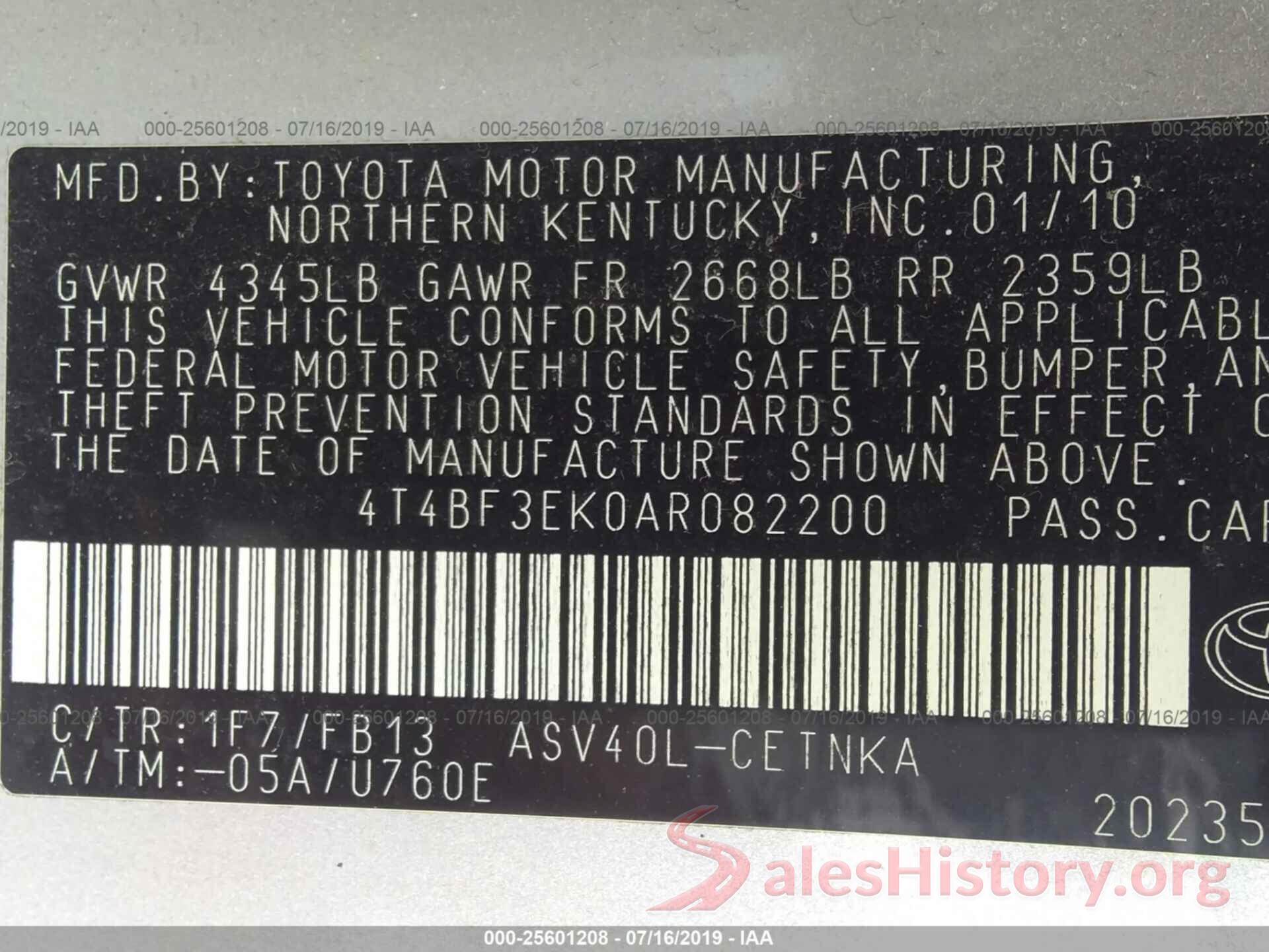 4T4BF3EK0AR082200 2010 TOYOTA CAMRY