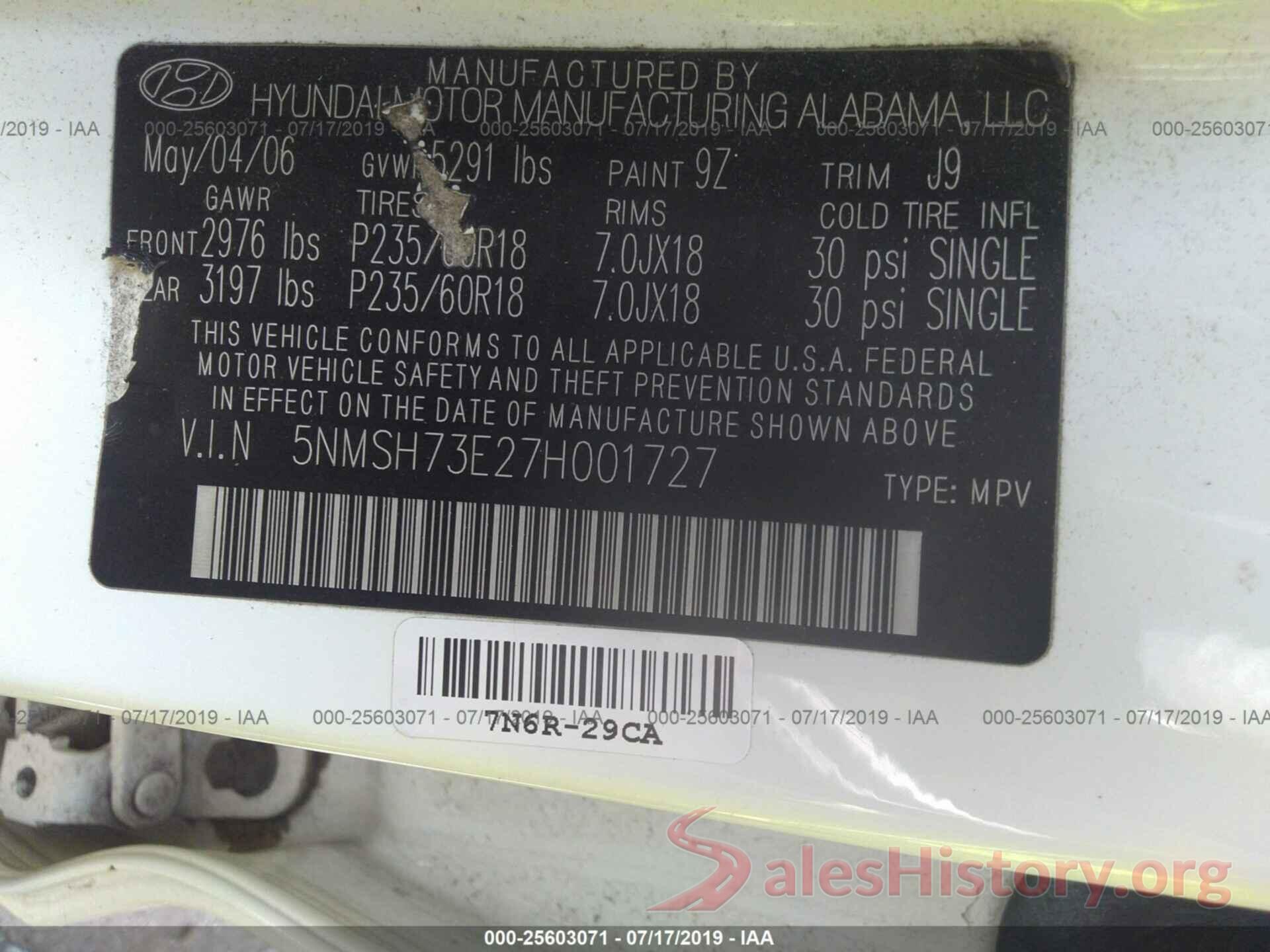 5NMSH73E27H001727 2007 HYUNDAI SANTA FE