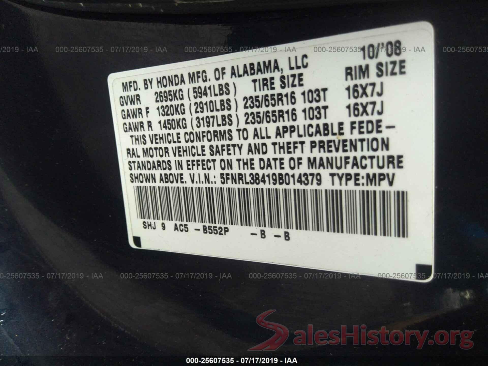 5FNRL38419B014379 2009 HONDA ODYSSEY