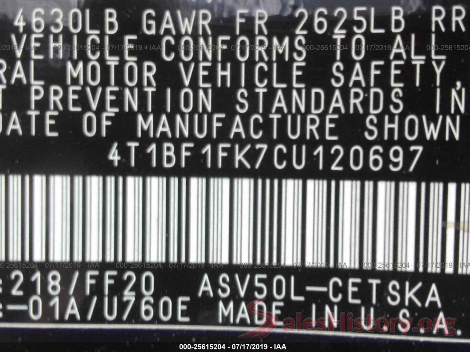 4T1BF1FK7CU120697 2012 TOYOTA CAMRY