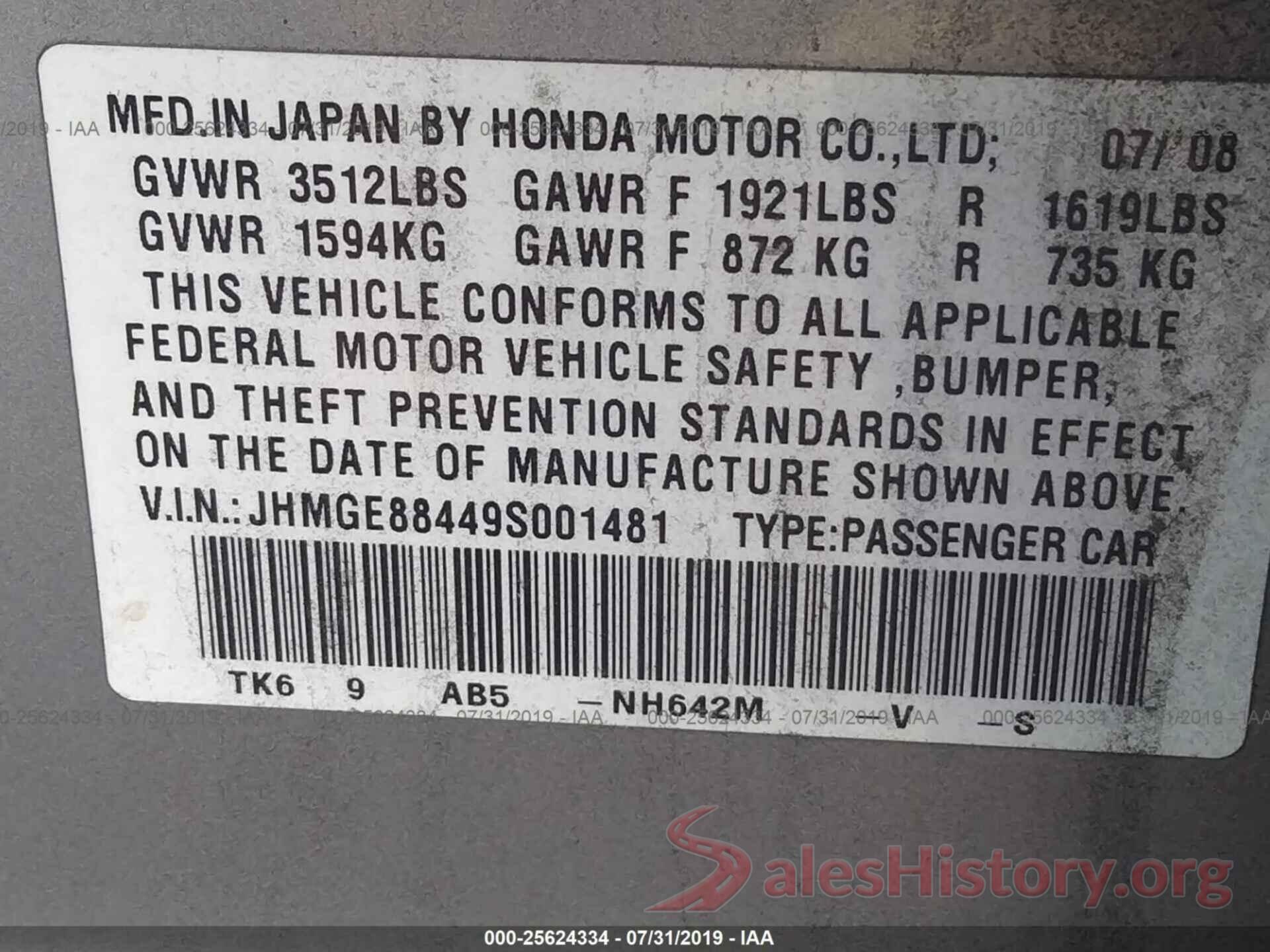 JHMGE88449S001481 2009 HONDA FIT