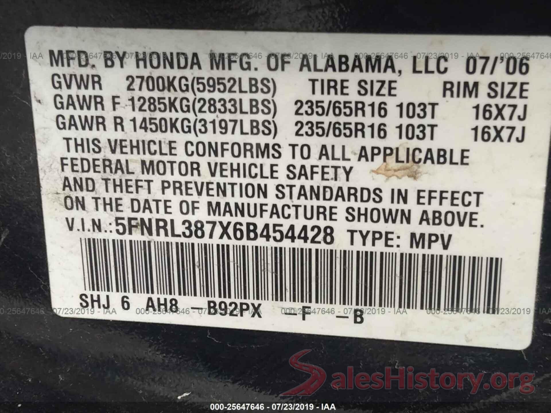 5FNRL387X6B454428 2006 HONDA ODYSSEY