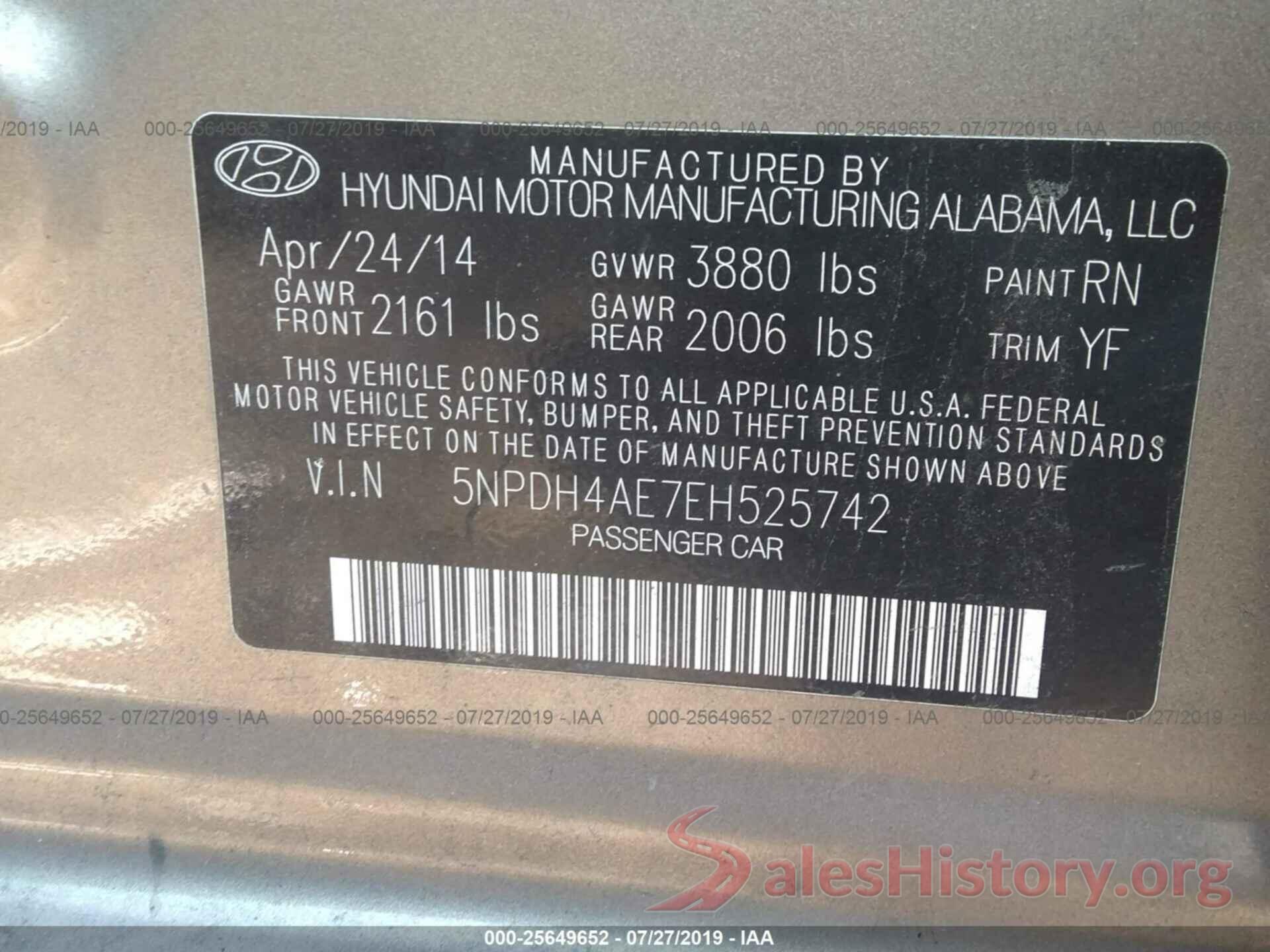 5NPDH4AE7EH525742 2014 HYUNDAI ELANTRA