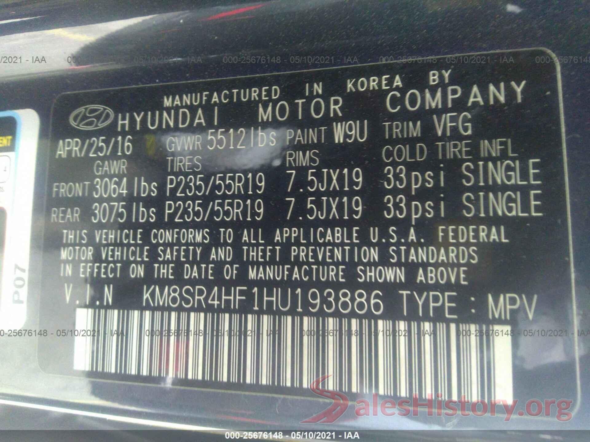 KM8SR4HF1HU193886 2017 HYUNDAI SANTA FE