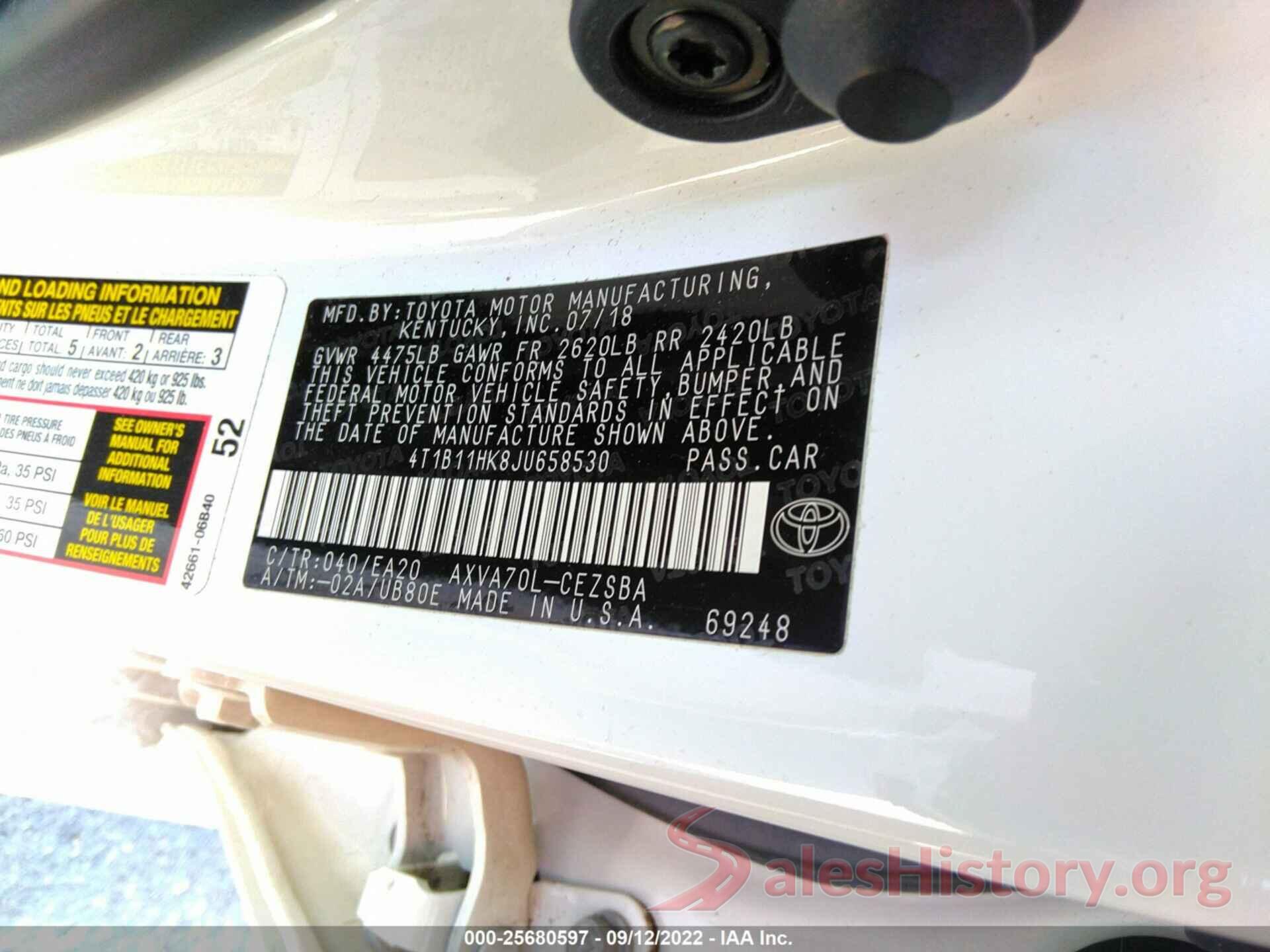 4T1B11HK8JU658530 2018 TOYOTA CAMRY