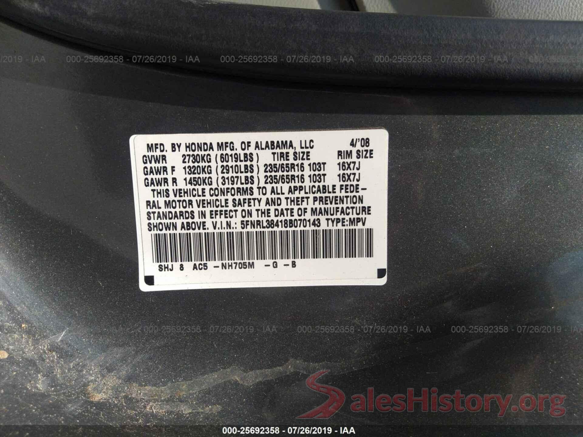 5FNRL38418B070143 2008 HONDA ODYSSEY