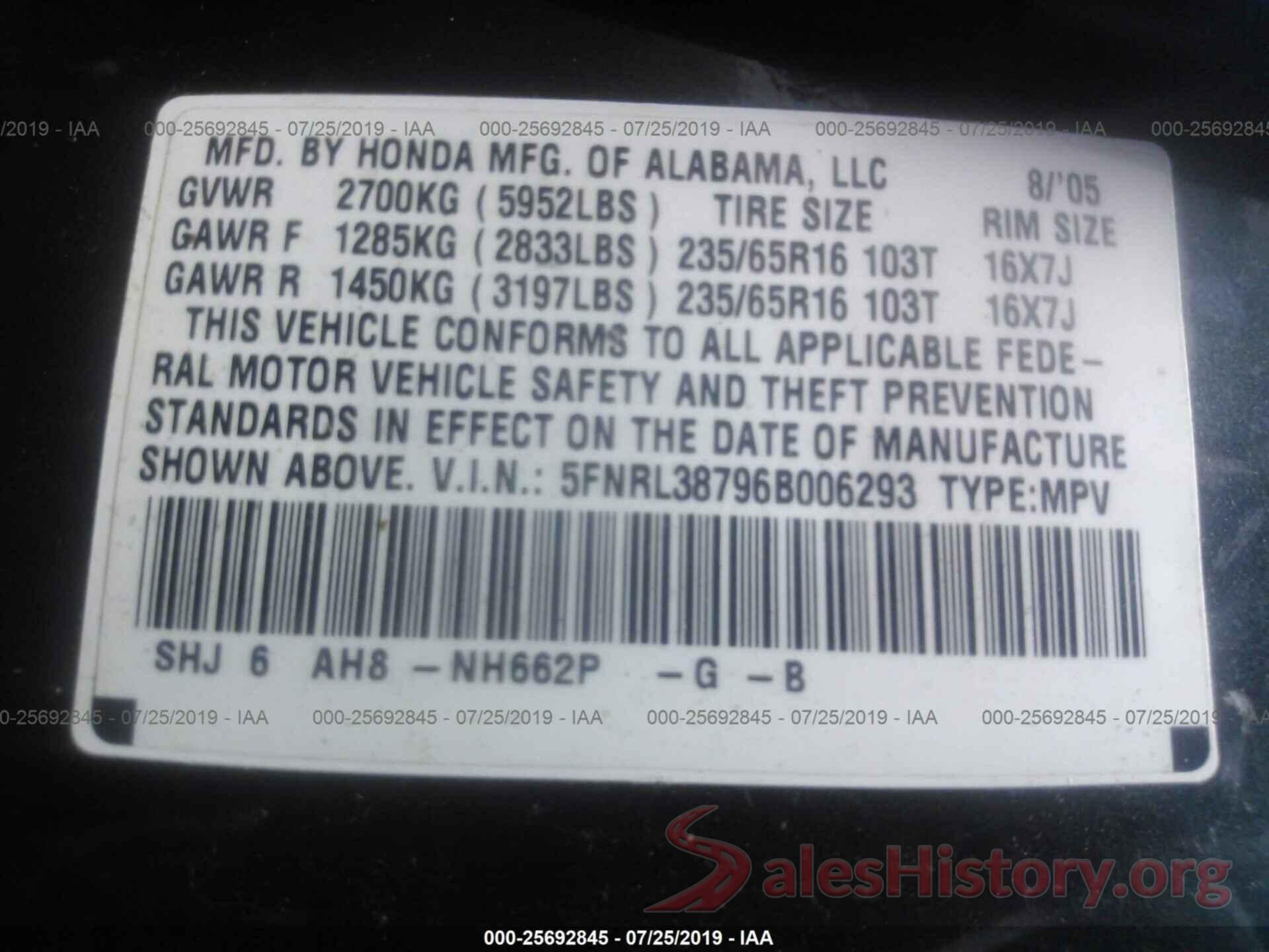 5FNRL38796B006293 2006 HONDA ODYSSEY