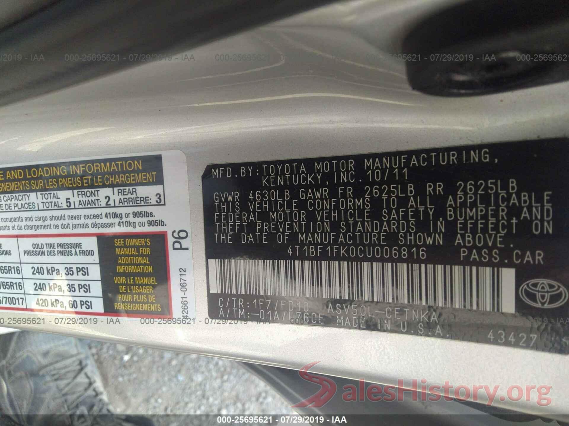 4T1BF1FK0CU006816 2012 TOYOTA CAMRY