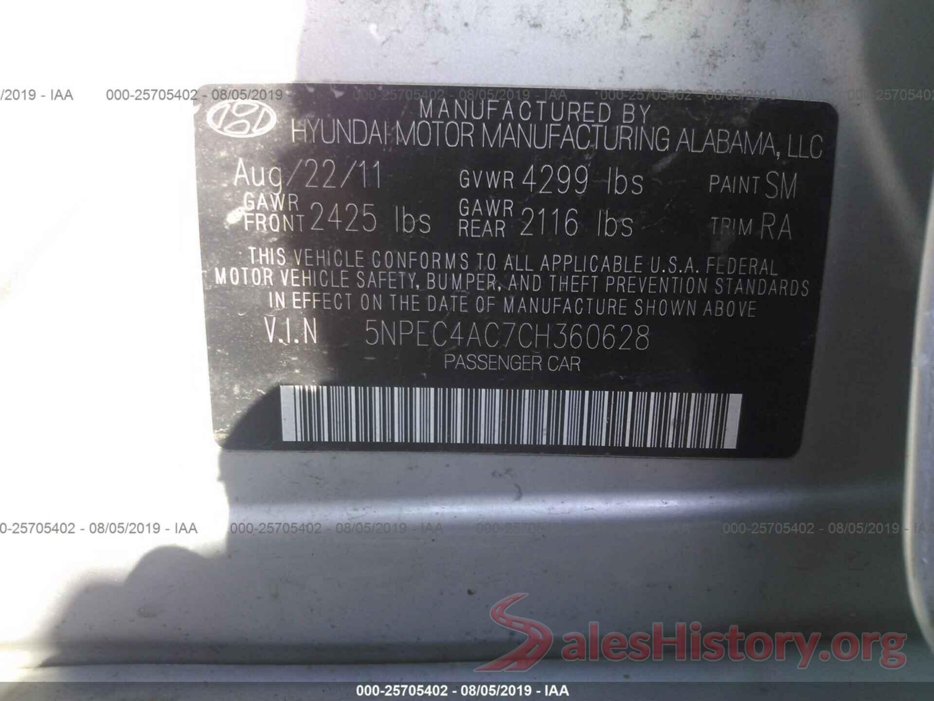 5NPEC4AC7CH360628 2012 HYUNDAI SONATA