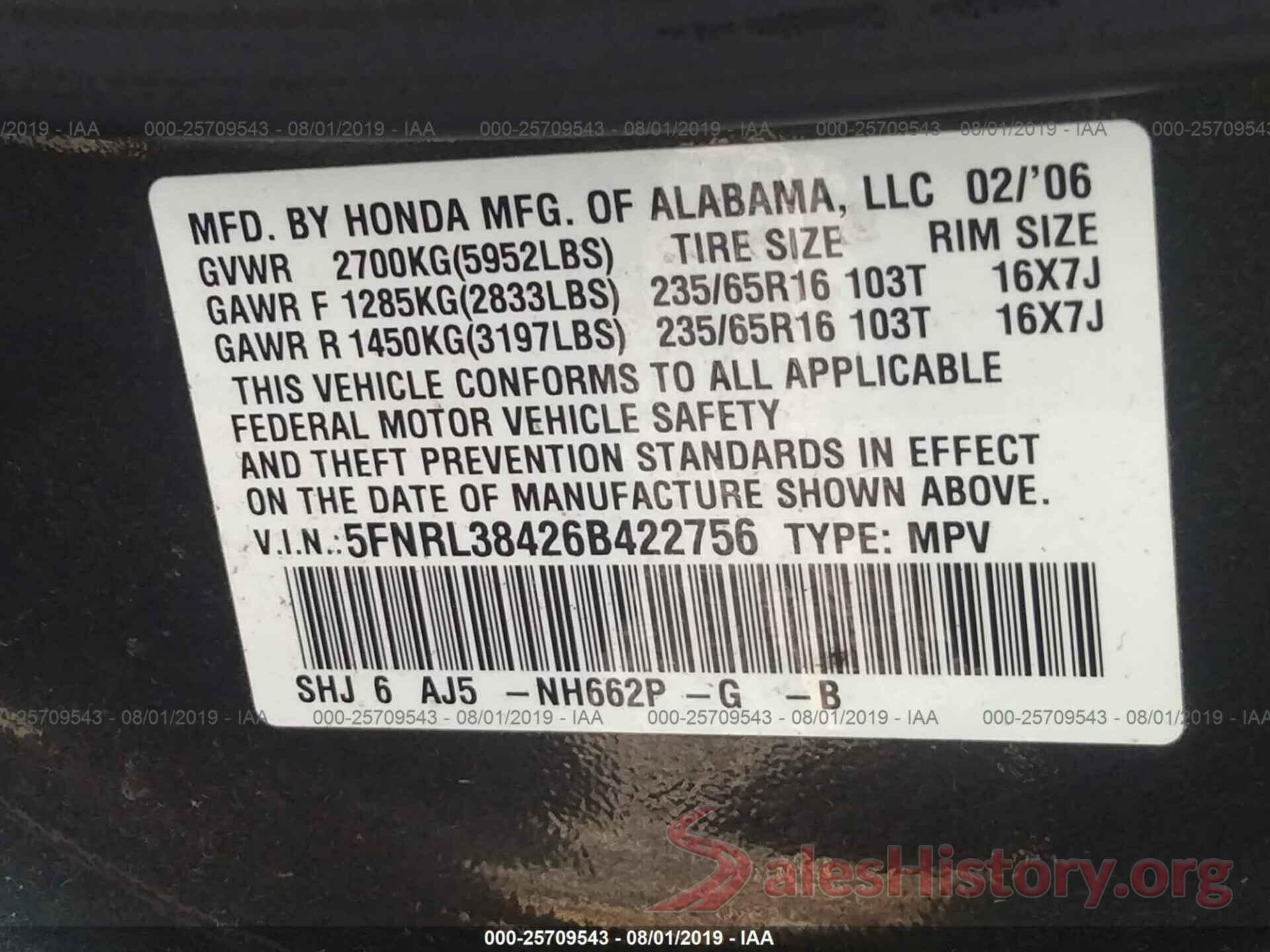 5FNRL38426B422756 2006 HONDA ODYSSEY