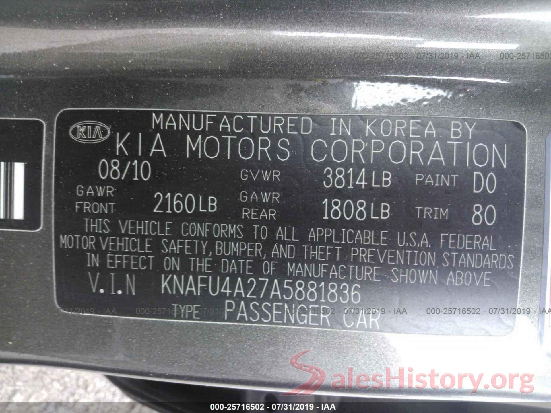 KNAFU4A27A5881836 2010 KIA FORTE