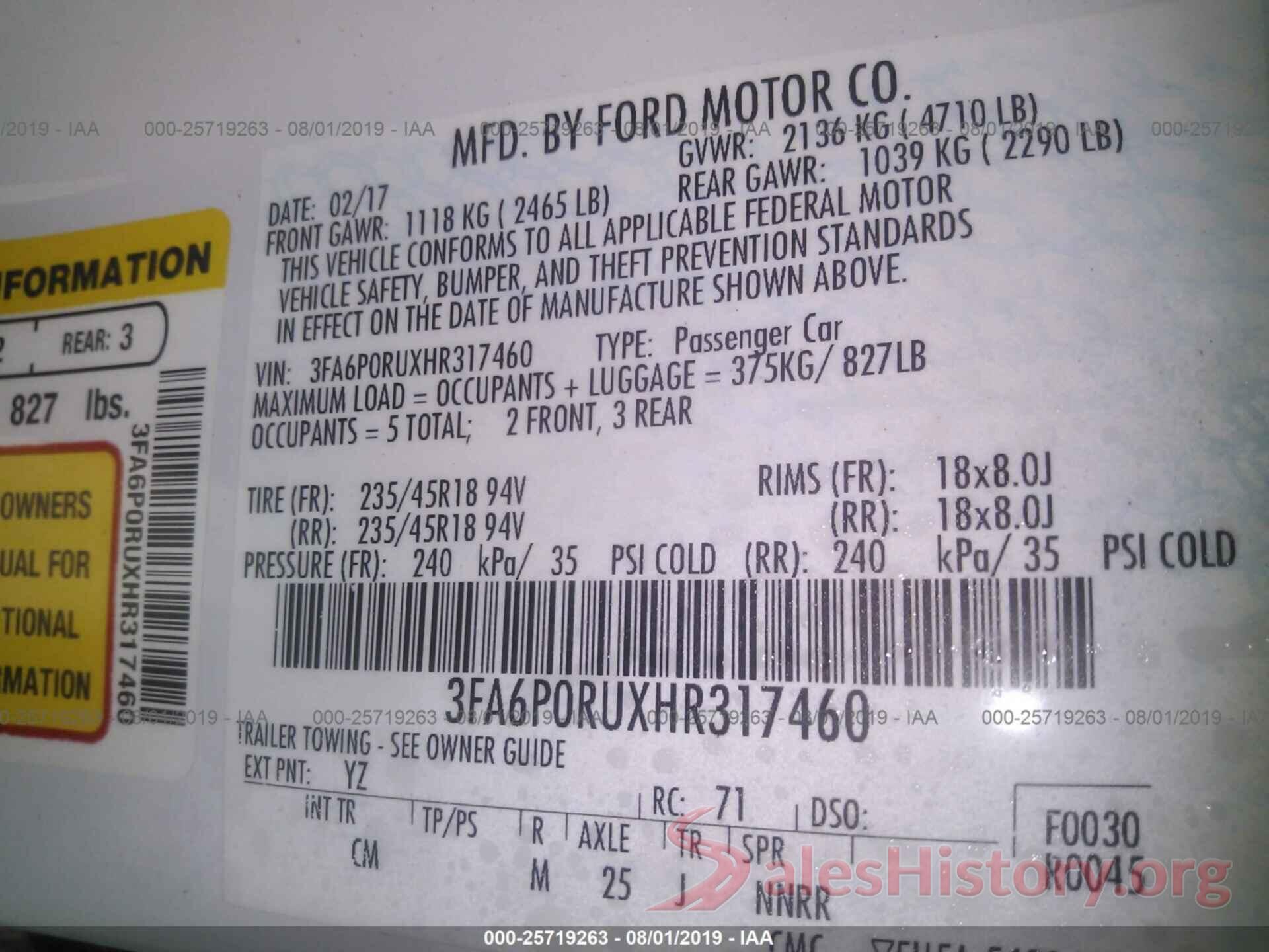 3FA6P0RUXHR317460 2017 FORD FUSION