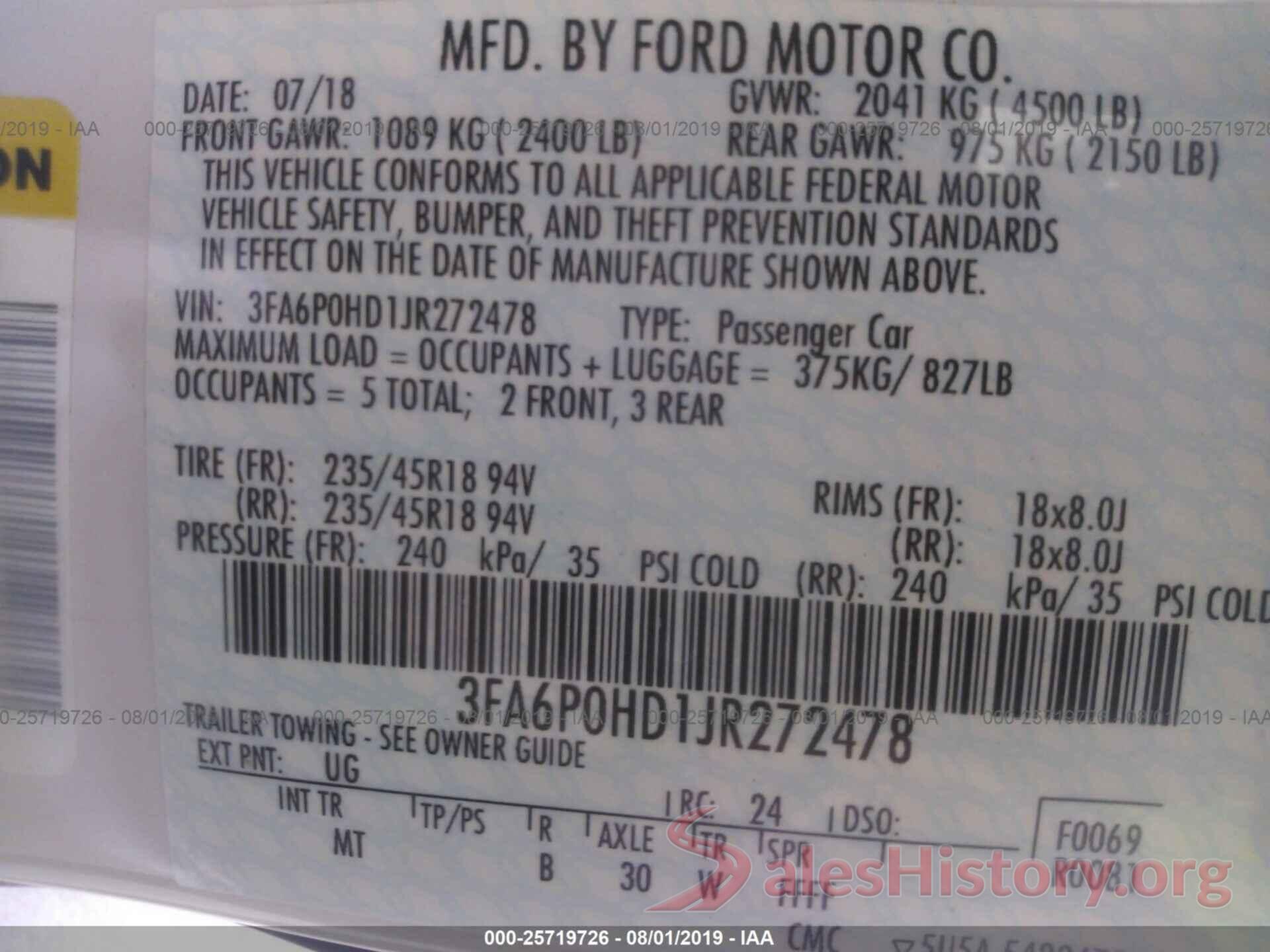 3FA6P0HD1JR272478 2018 FORD FUSION