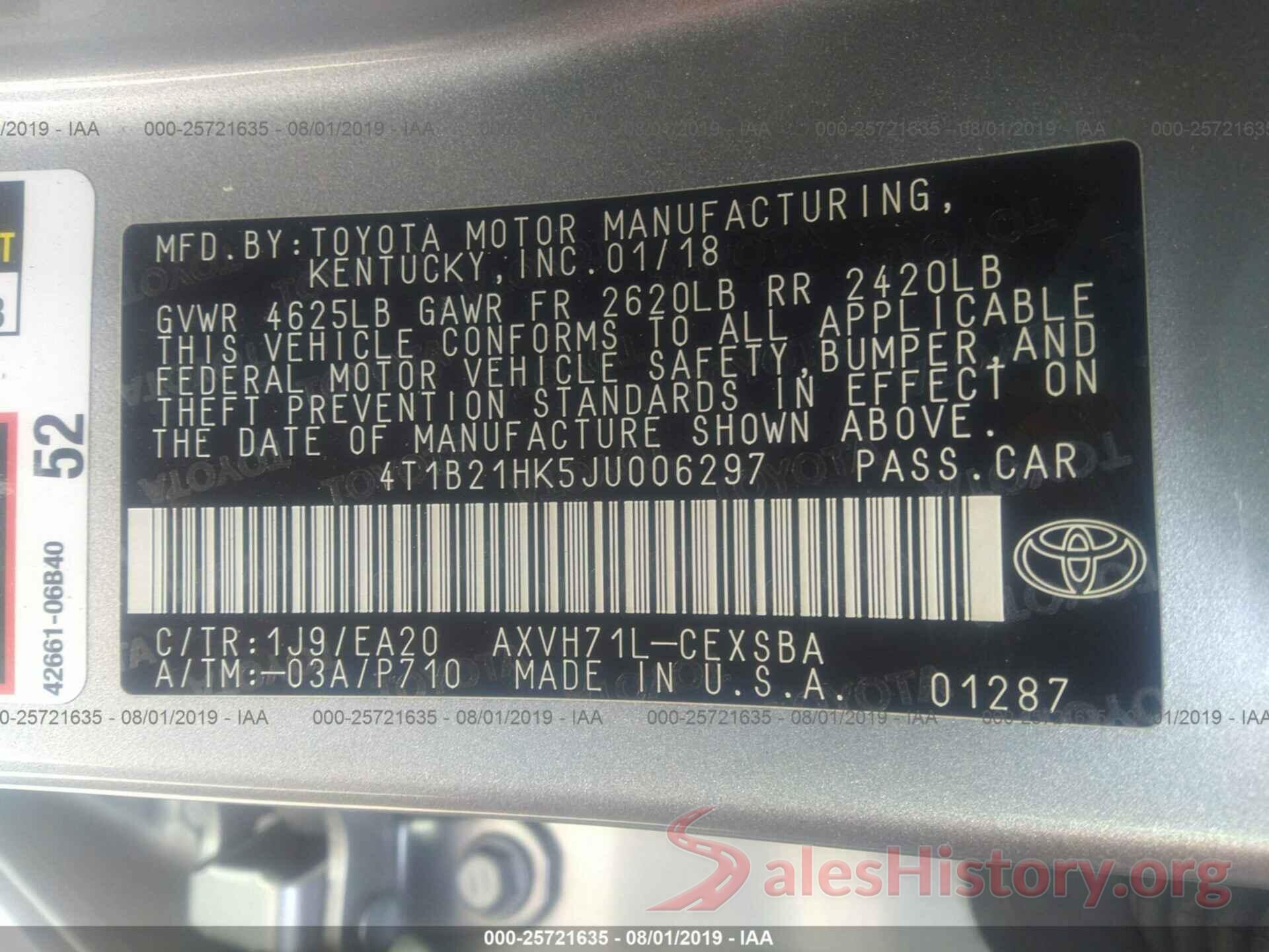 4T1B21HK5JU006297 2018 TOYOTA CAMRY