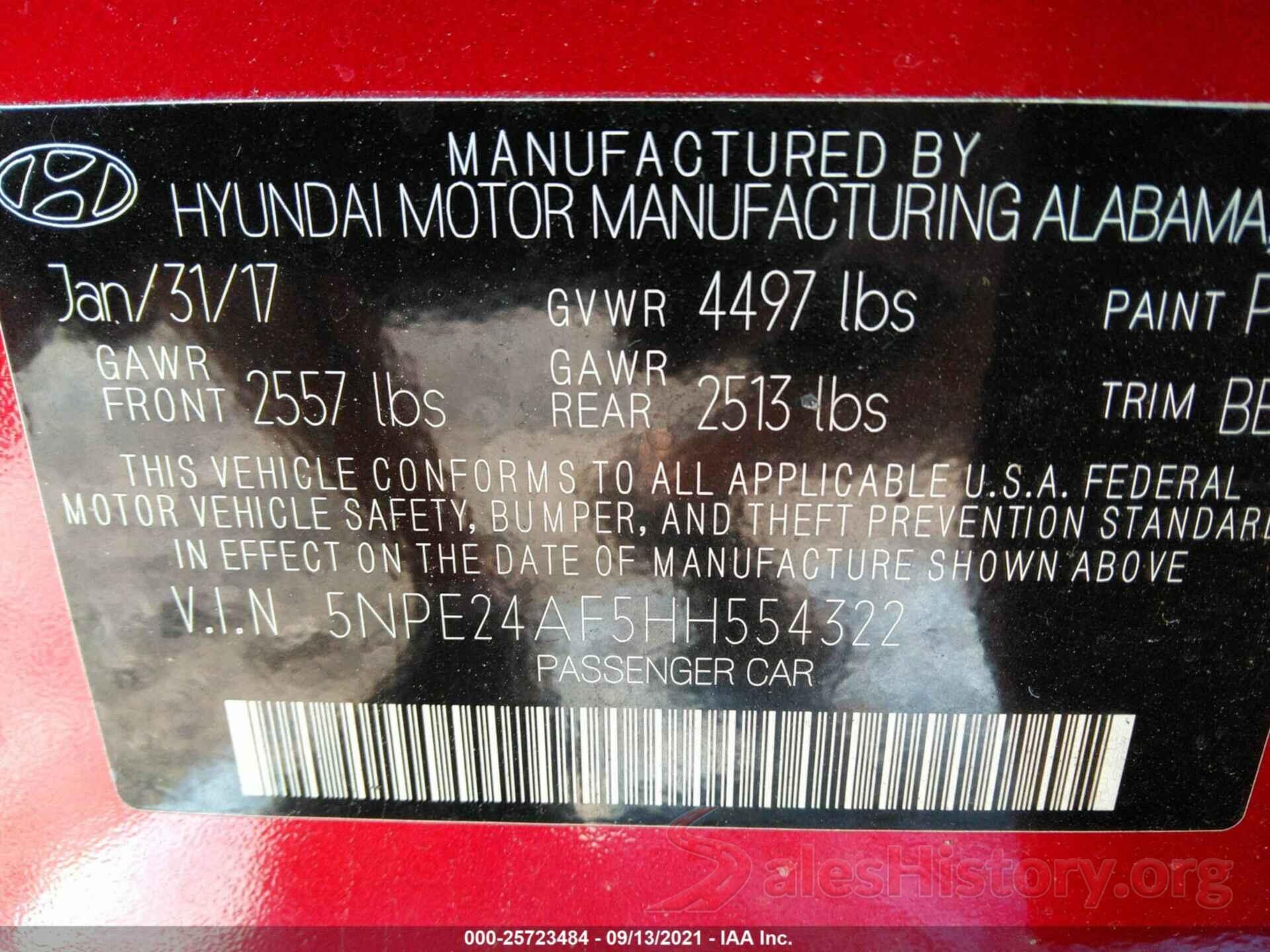 5NPE24AF5HH554322 2017 HYUNDAI SONATA