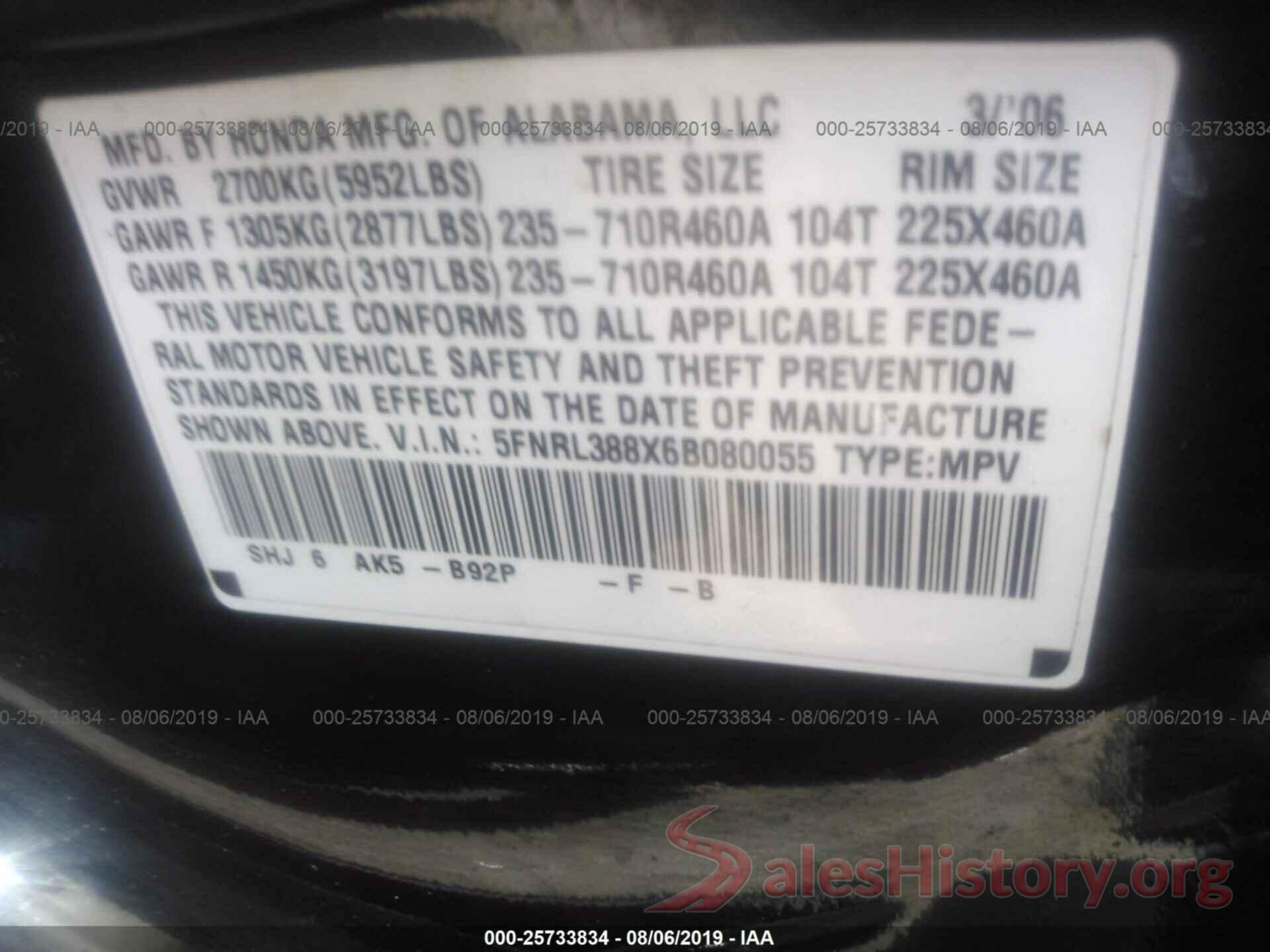 5FNRL388X6B080055 2006 HONDA ODYSSEY