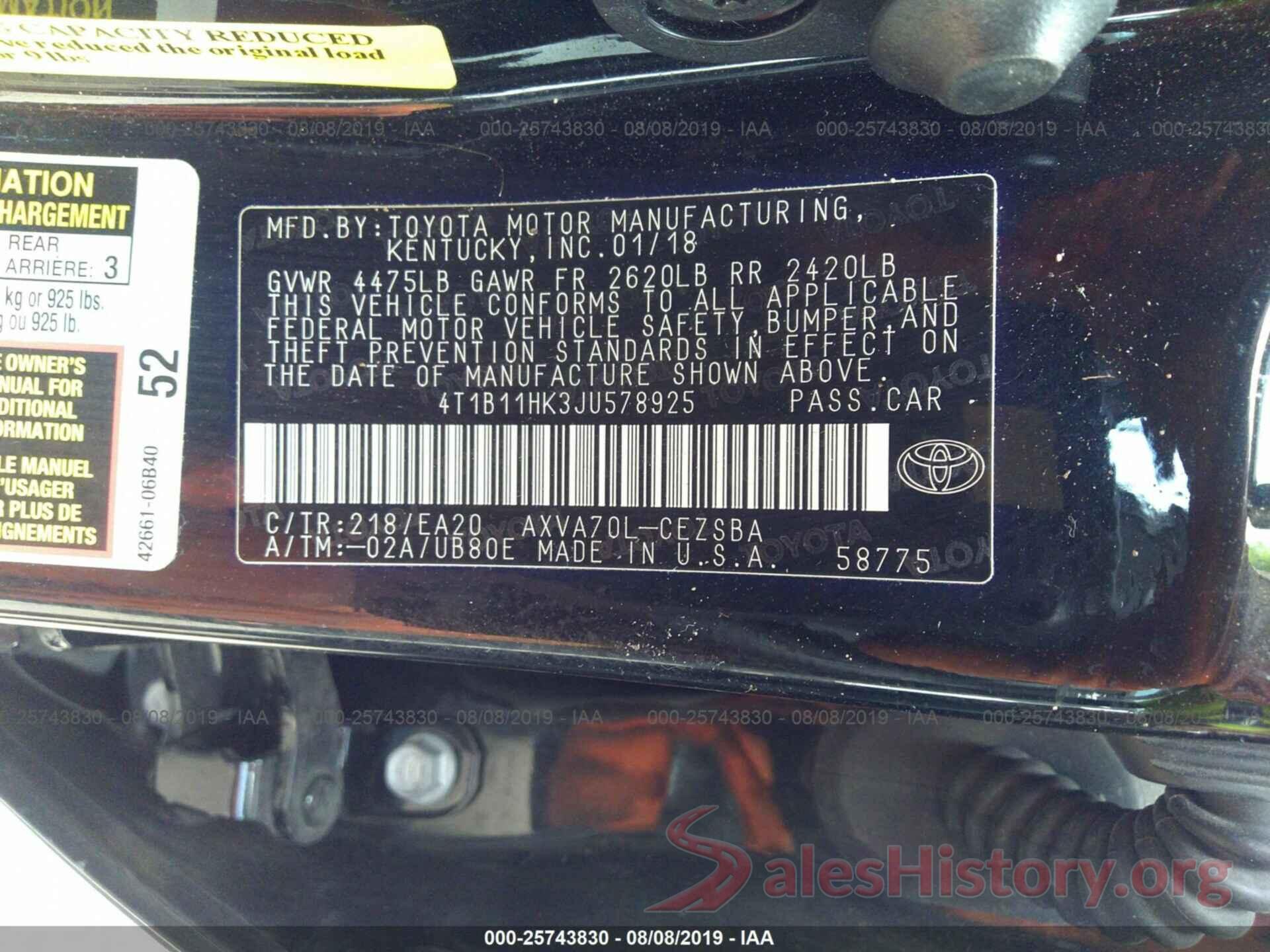 4T1B11HK3JU578925 2018 TOYOTA CAMRY