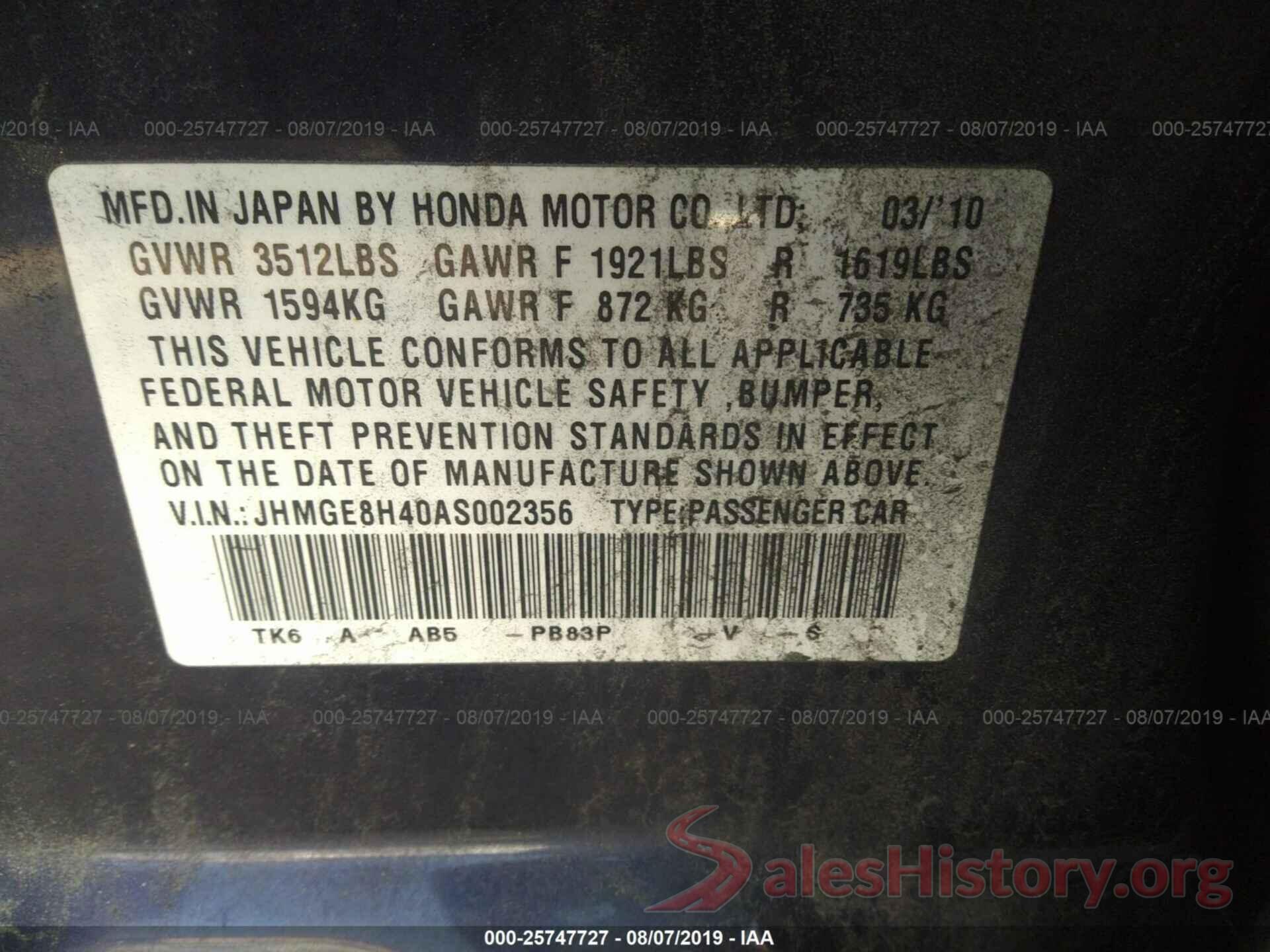 JHMGE8H40AS002356 2010 HONDA FIT