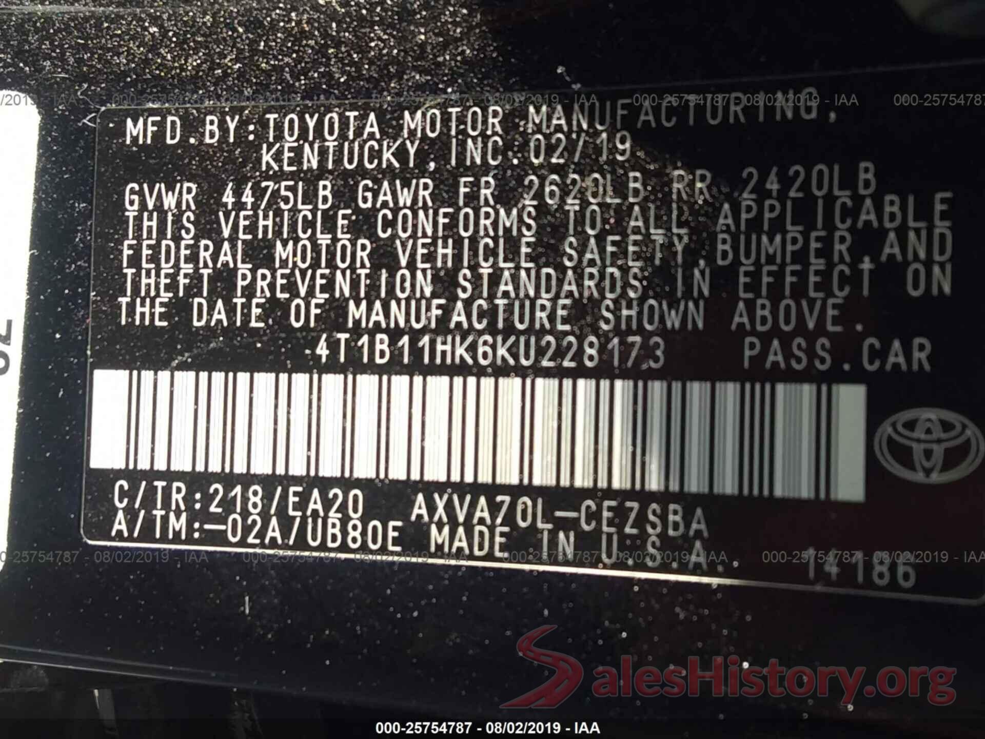 4T1B11HK6KU228173 2019 TOYOTA CAMRY