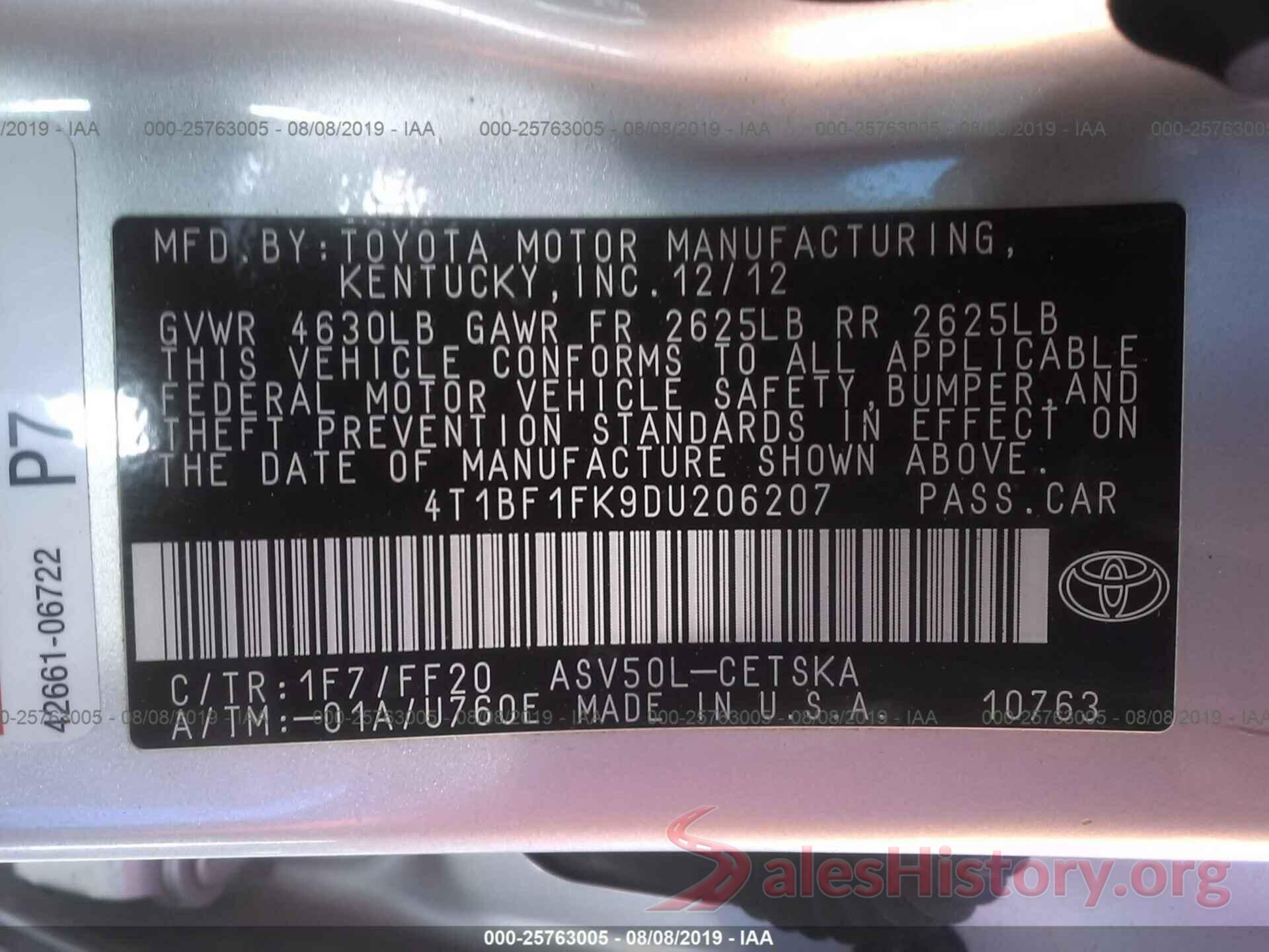 4T1BF1FK9DU206207 2013 TOYOTA CAMRY