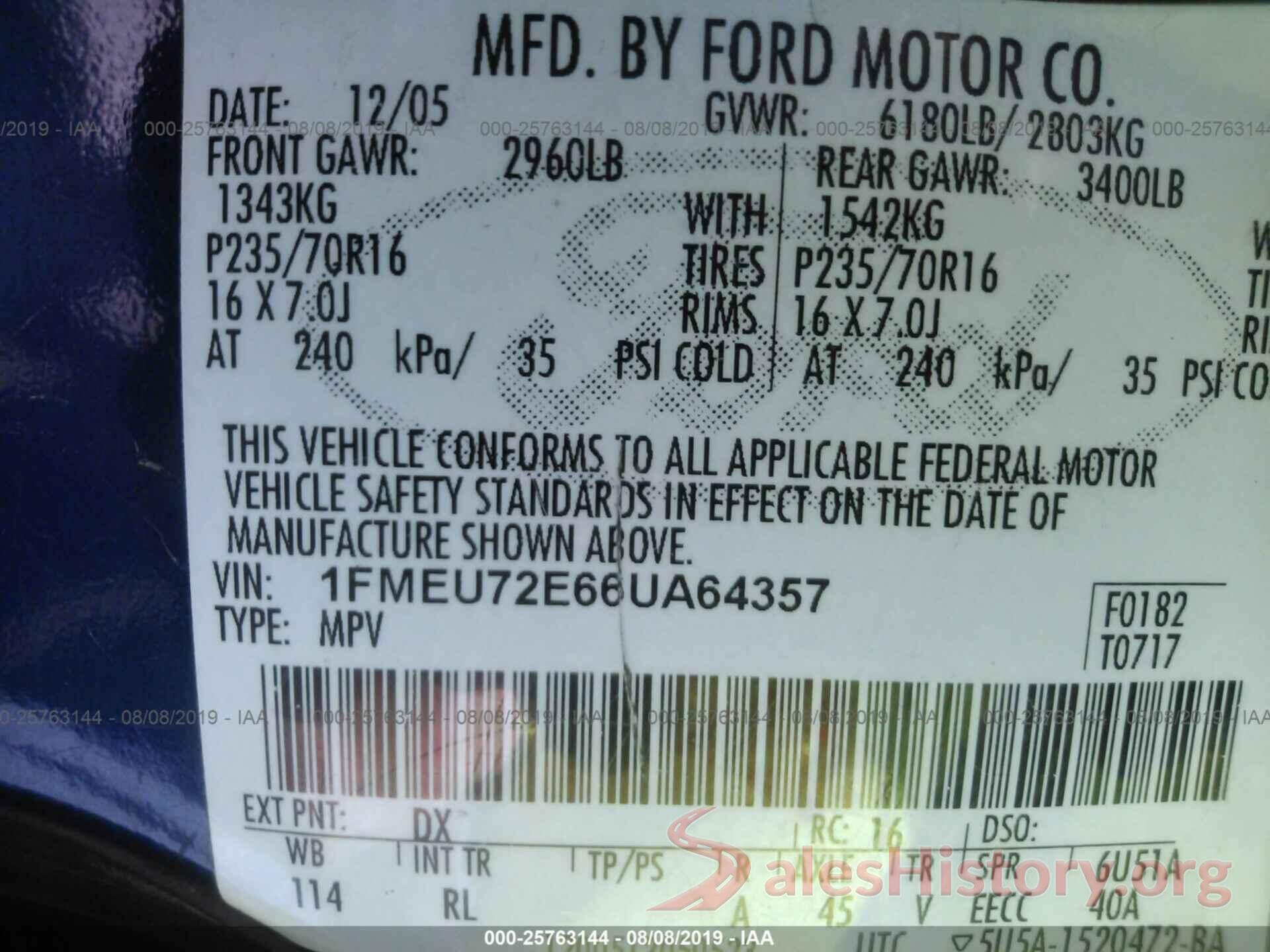 1FMEU72E66UA64357 2006 FORD EXPLORER