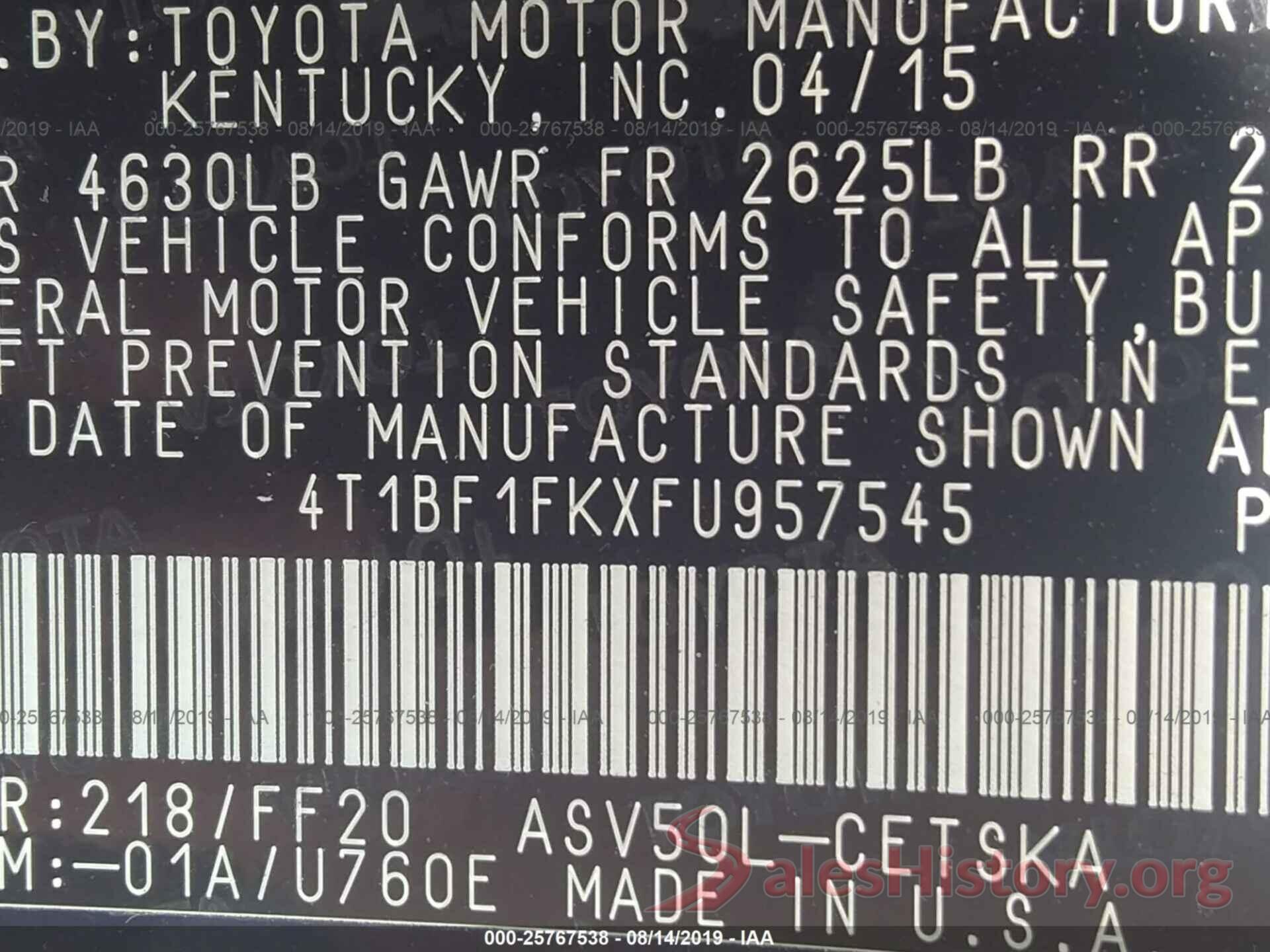 4T1BF1FKXFU957545 2015 TOYOTA CAMRY