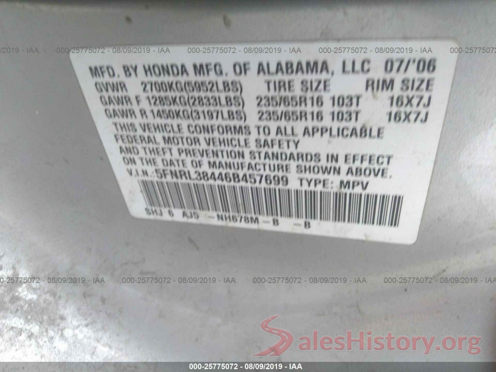 5FNRL38446B457699 2006 HONDA ODYSSEY