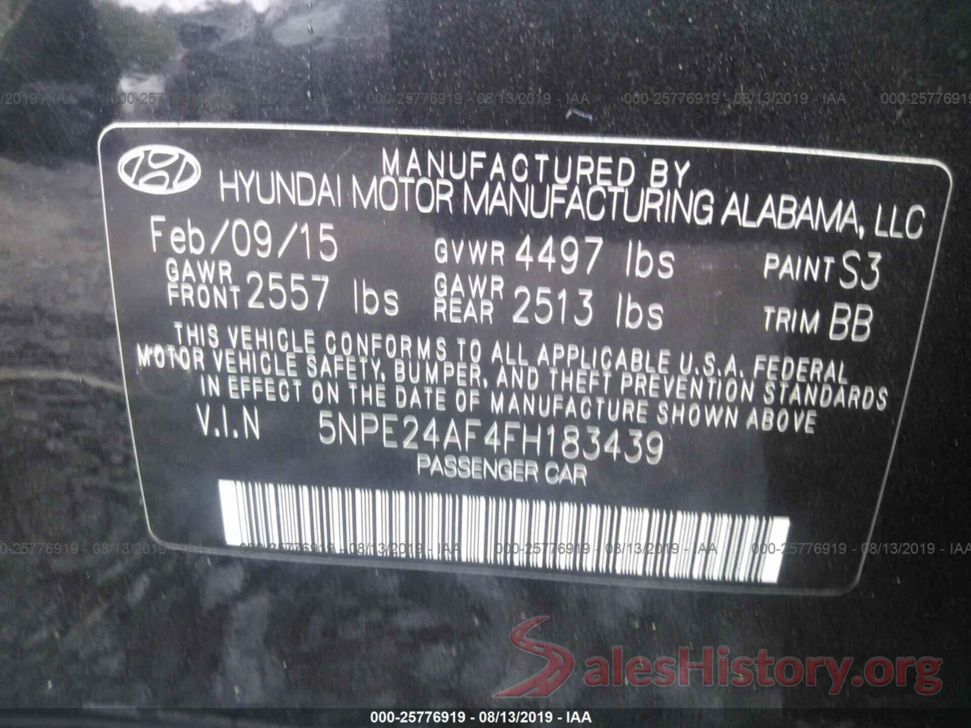 5NPE24AF4FH183439 2015 HYUNDAI SONATA