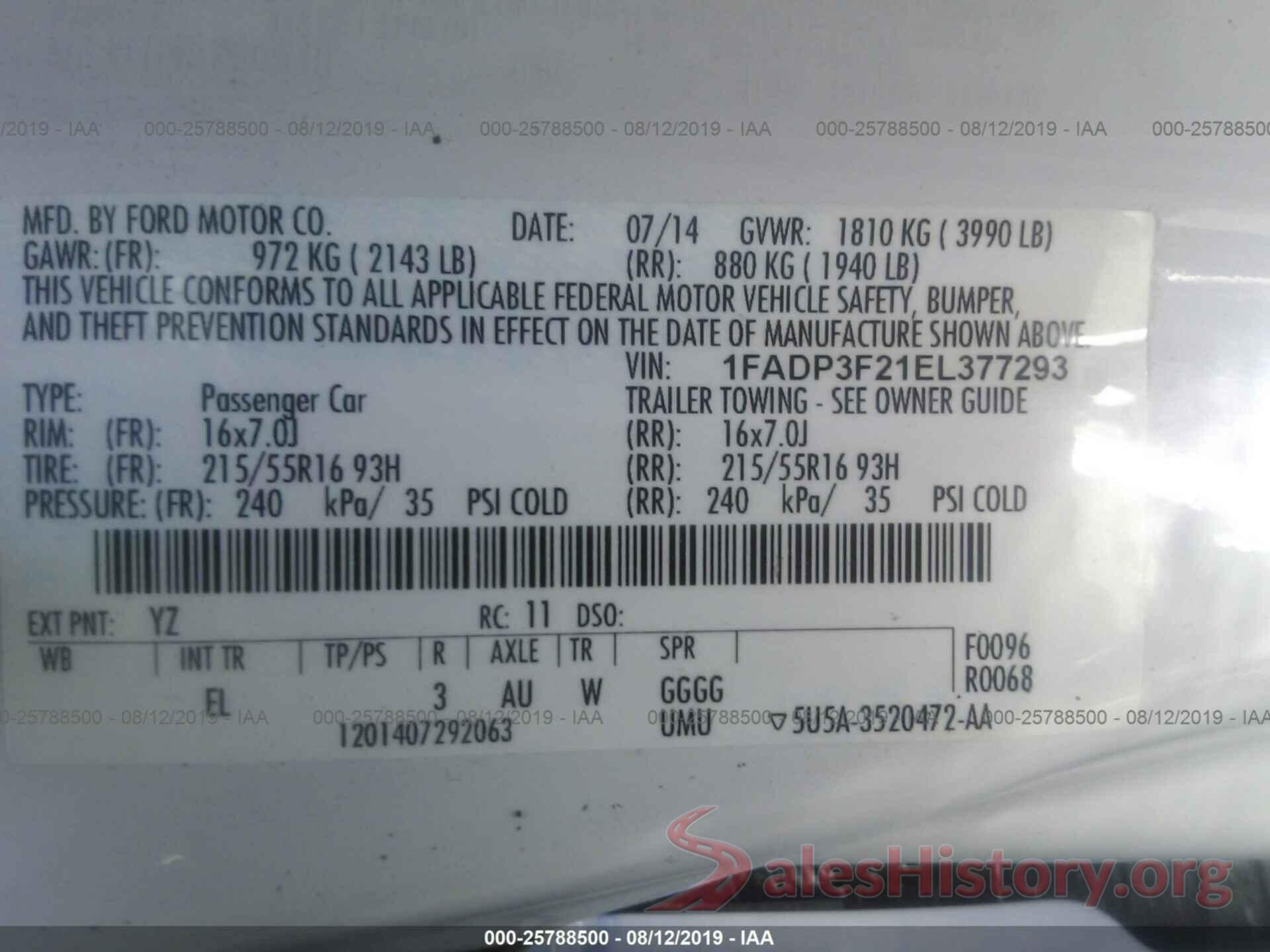 1FADP3F21EL377293 2014 FORD FOCUS