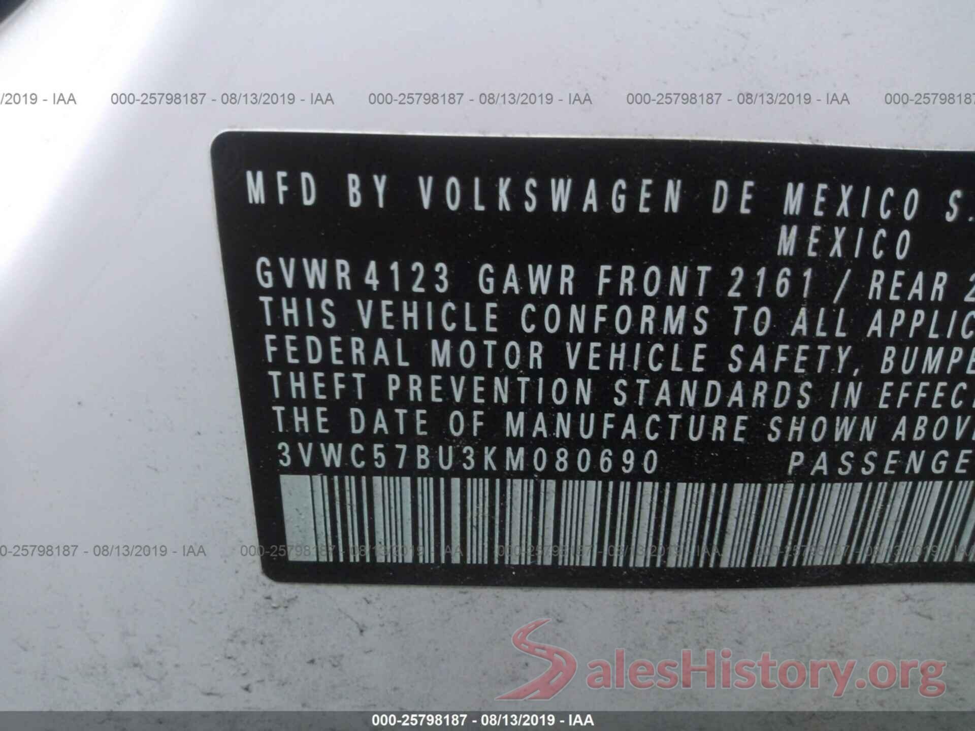 3VWC57BU3KM080690 2019 VOLKSWAGEN JETTA