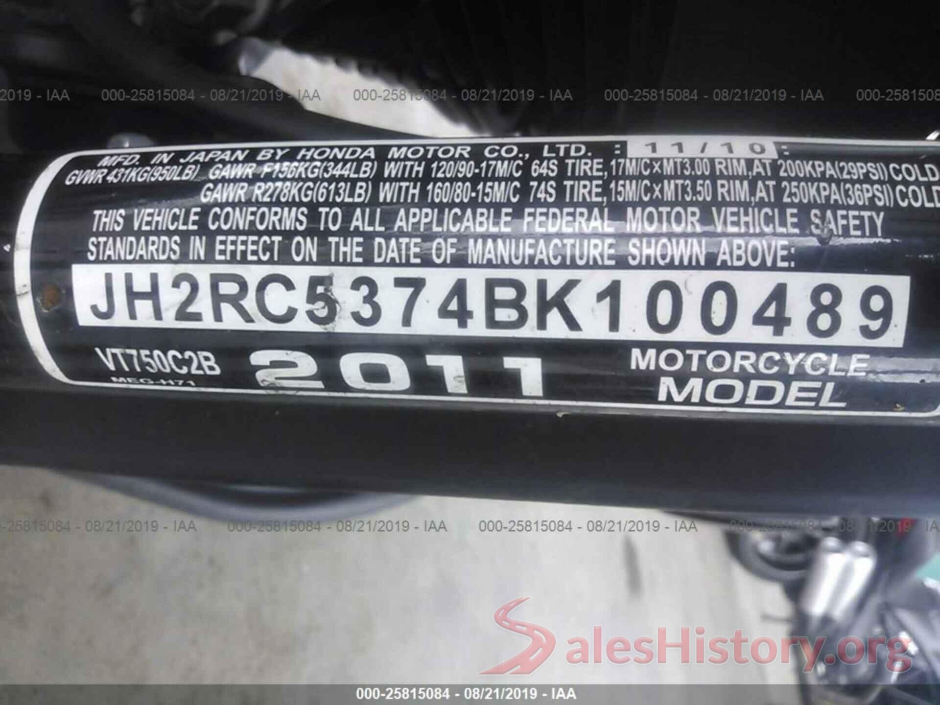 JH2RC5374BK100489 2011 HONDA VT750