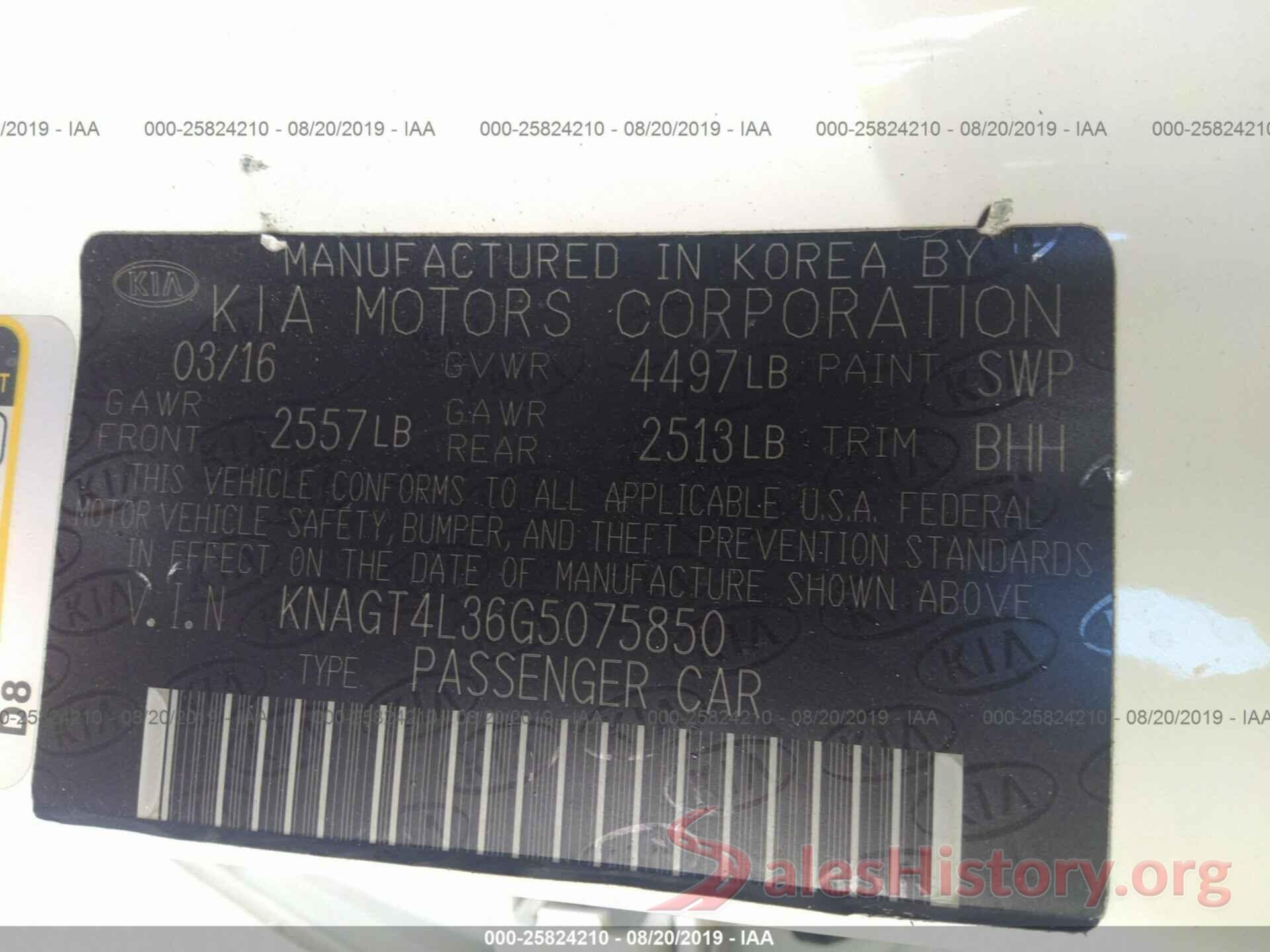 KNAGT4L36G5075850 2016 KIA OPTIMA