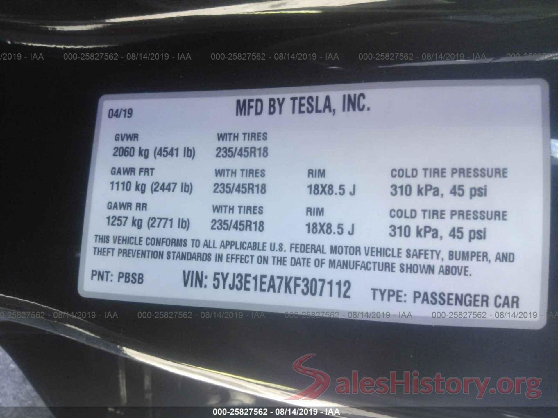 5YJ3E1EA7KF307112 2019 TESLA MODEL 3